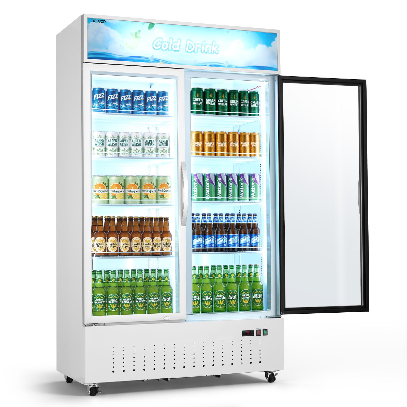VEVOR Commercial Merchandiser Refrigerator, 35.3 Cu.Ft / 1000L Upright Beverage Cooler, 2 Glass Door Display Refrigerator with Customizable Lightbox, 8 Adjustable Shelves, Soft LED Lighting & Casters