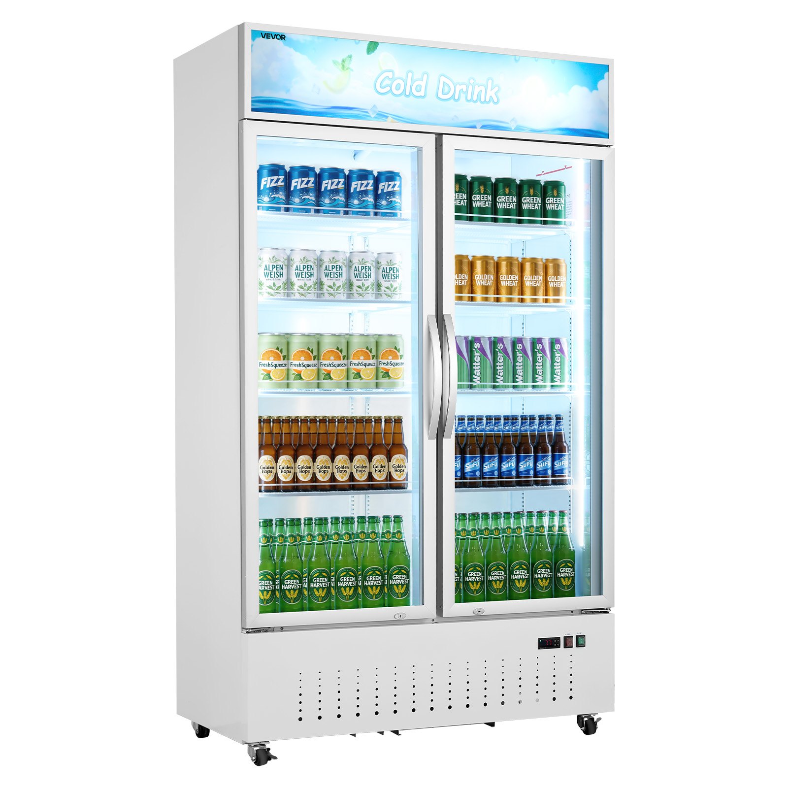 VEVOR Commercial Merchandiser Refrigerator, 35.3 Cu.Ft / 1000L Upright Beverage Cooler, 2 Glass Door Display Refrigerator with Customizable Lightbox, 8 Adjustable Shelves, Soft LED Lighting & Casters