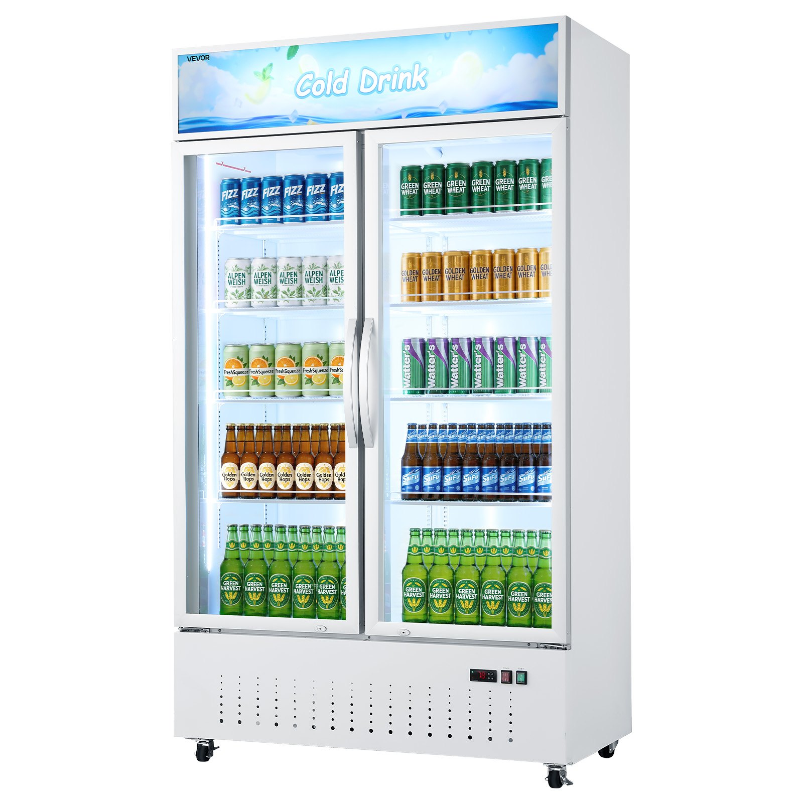 VEVOR Commercial Merchandiser Refrigerator, 35.3 Cu.Ft / 1000L Upright Beverage Cooler, 2 Glass Door Display Refrigerator with Customizable Lightbox, 8 Adjustable Shelves, Soft LED Lighting & Casters