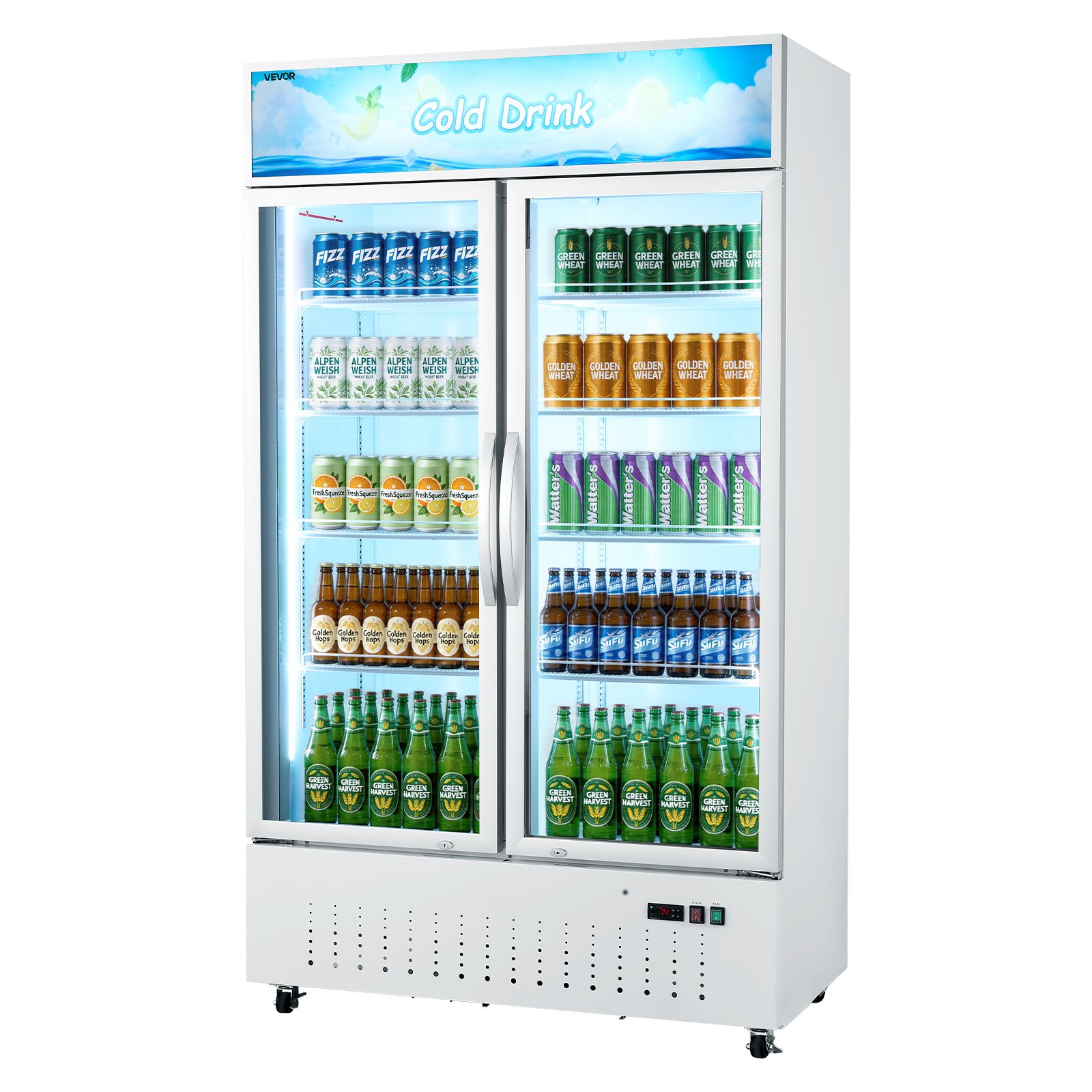 VEVOR Commercial Merchandiser Refrigerator, 35.3 Cu.Ft / 1000L Upright Beverage Cooler, 2 Glass Door Display Refrigerator with Customizable Lightbox, 8 Adjustable Shelves, Soft LED Lighting & Casters