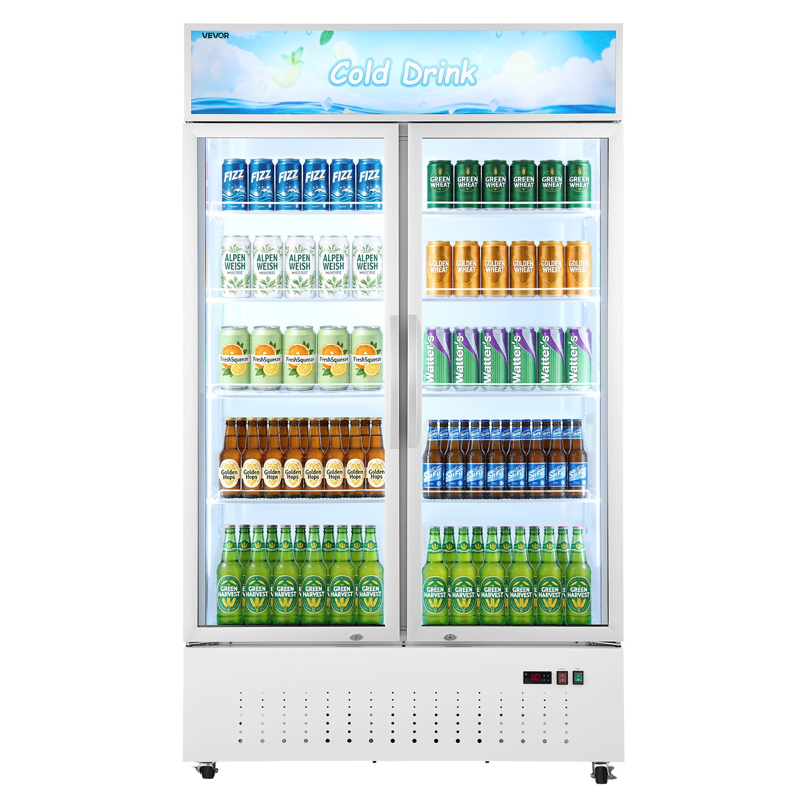 VEVOR Commercial Merchandiser Refrigerator, 35.3 Cu.Ft / 1000L Upright Beverage Cooler, 2 Glass Door Display Refrigerator with Customizable Lightbox, 8 Adjustable Shelves, Soft LED Lighting & Casters