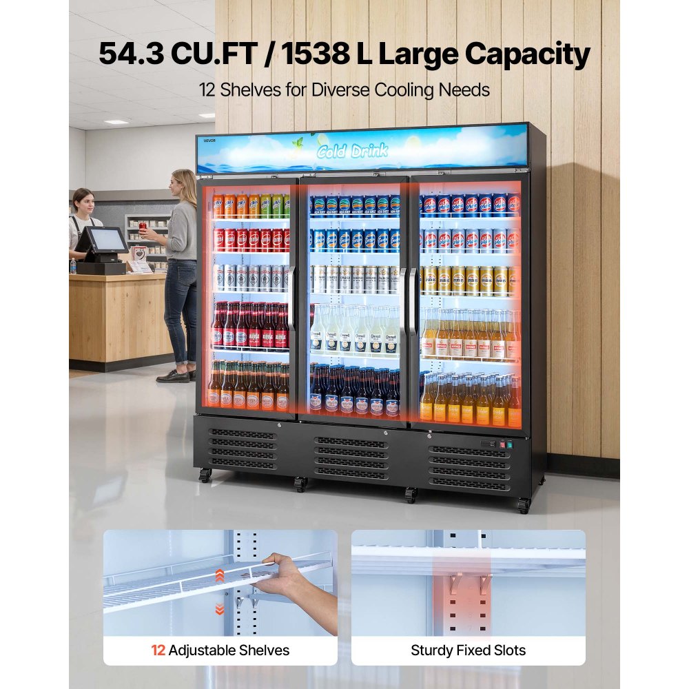 VEVOR Commercial Merchandiser Refrigerator, 54.3 Cu.Ft / 1538L Upright Beverage Cooler, 3 Glass Door Display Refrigerator with Customizable Lightbox, 12 Adjustable Shelves, Soft LED Lighting & Casters