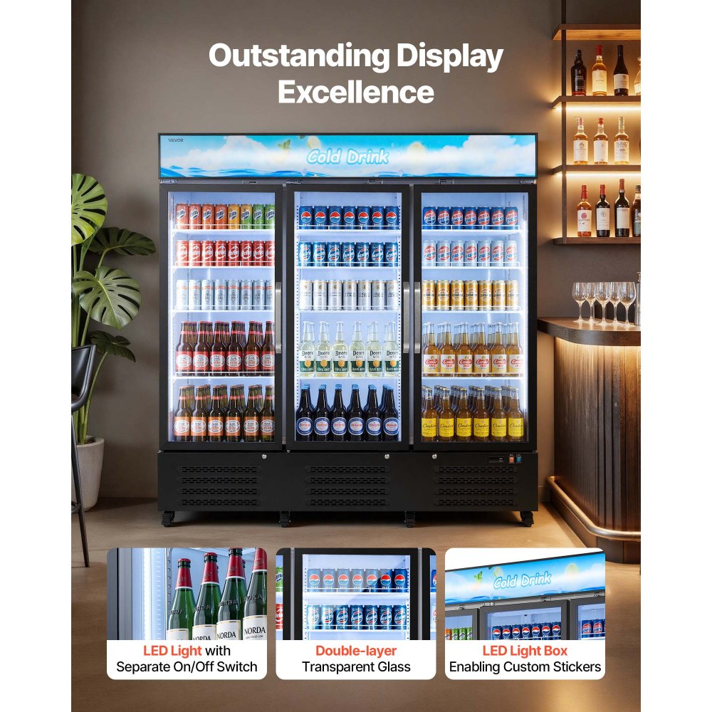 VEVOR Commercial Merchandiser Refrigerator, 54.3 Cu.Ft / 1538L Upright Beverage Cooler, 3 Glass Door Display Refrigerator with Customizable Lightbox, 12 Adjustable Shelves, Soft LED Lighting & Casters
