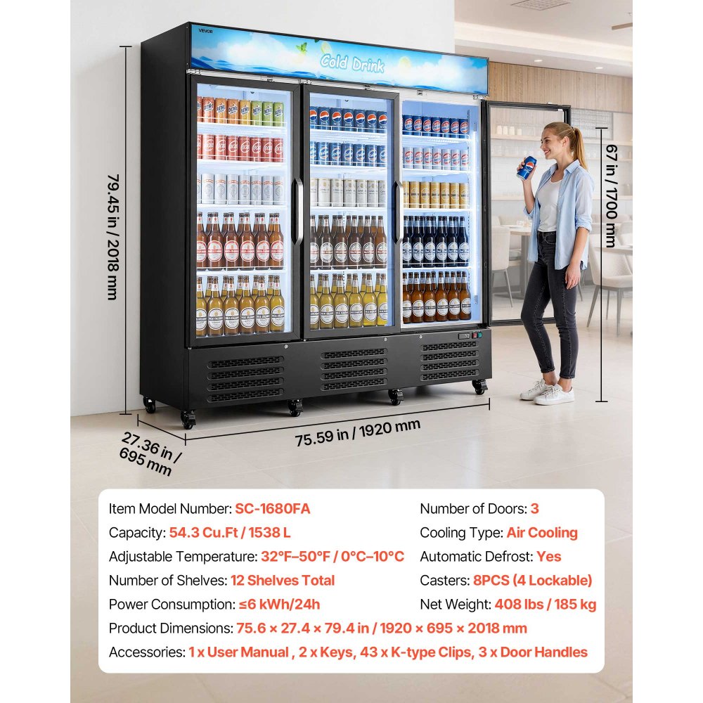 VEVOR Commercial Merchandiser Refrigerator, 54.3 Cu.Ft / 1538L Upright Beverage Cooler, 3 Glass Door Display Refrigerator with Customizable Lightbox, 12 Adjustable Shelves, Soft LED Lighting & Casters