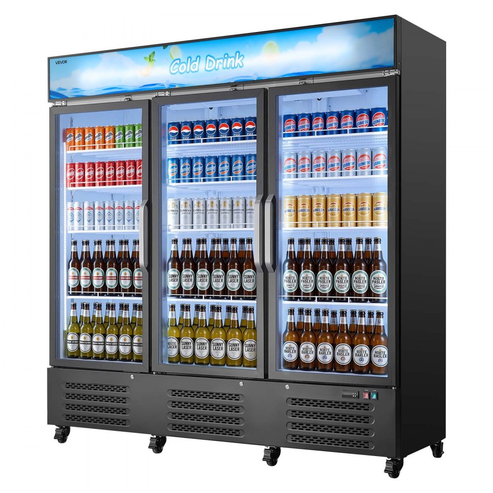 VEVOR Commercial Merchandiser Refrigerator, 54.3 Cu.Ft / 1538L Upright Beverage Cooler, 3 Glass Door Display Refrigerator with Customizable Lightbox, 12 Adjustable Shelves, Soft LED Lighting & Casters