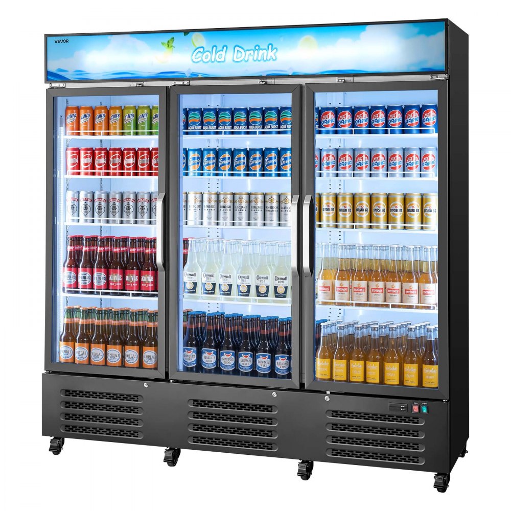 VEVOR Commercial Merchandiser Refrigerator, 54.3 Cu.Ft / 1538L Upright Beverage Cooler, 3 Glass Door Display Refrigerator with Customizable Lightbox, 12 Adjustable Shelves, Soft LED Lighting & Casters