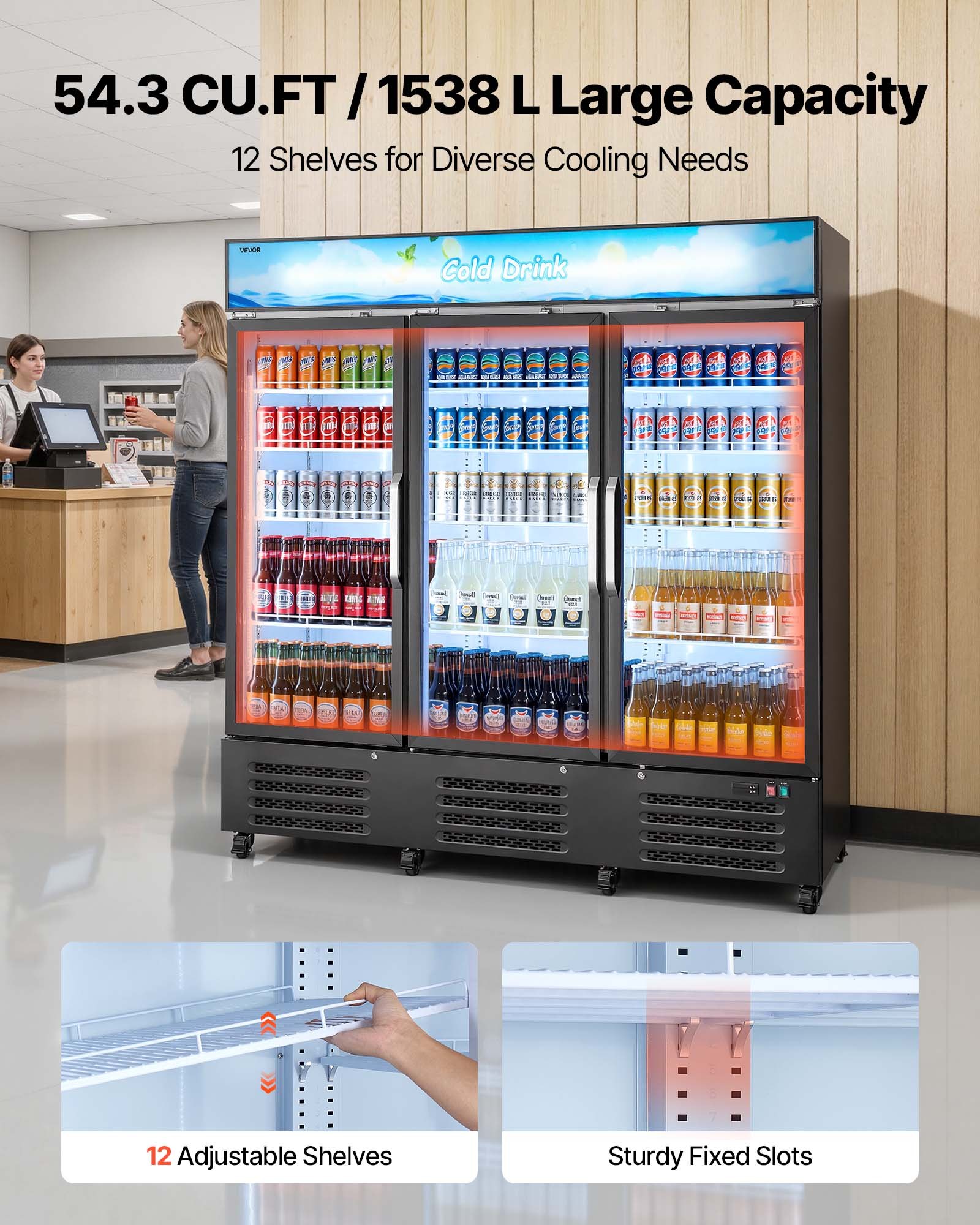 VEVOR Commercial Merchandiser Refrigerator, 54.3 Cu.Ft / 1538L Upright Beverage Cooler, 3 Glass Door Display Refrigerator with Customizable Lightbox, 12 Adjustable Shelves, Soft LED Lighting & Casters