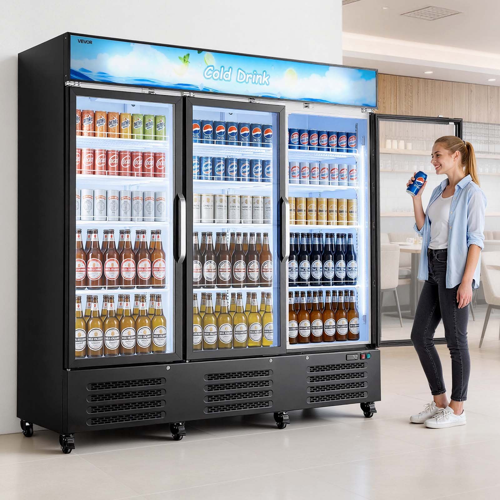 VEVOR Commercial Merchandiser Refrigerator, 54.3 Cu.Ft / 1538L Upright Beverage Cooler, 3 Glass Door Display Refrigerator with Customizable Lightbox, 12 Adjustable Shelves, Soft LED Lighting & Casters