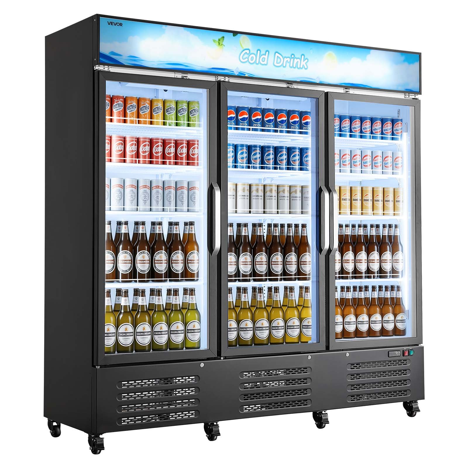 VEVOR Commercial Merchandiser Refrigerator, 54.3 Cu.Ft / 1538L Upright Beverage Cooler, 3 Glass Door Display Refrigerator with Customizable Lightbox, 12 Adjustable Shelves, Soft LED Lighting & Casters