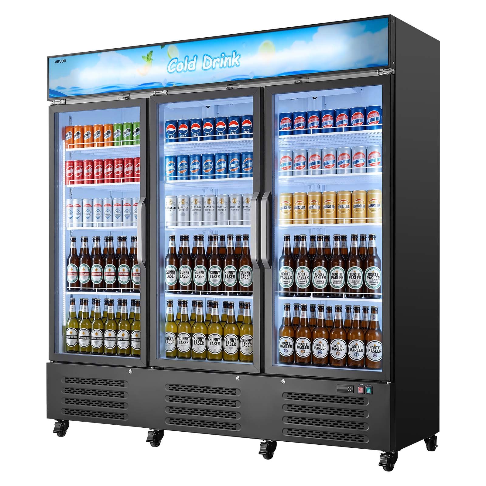 VEVOR Commercial Merchandiser Refrigerator, 54.3 Cu.Ft / 1538L Upright Beverage Cooler, 3 Glass Door Display Refrigerator with Customizable Lightbox, 12 Adjustable Shelves, Soft LED Lighting & Casters