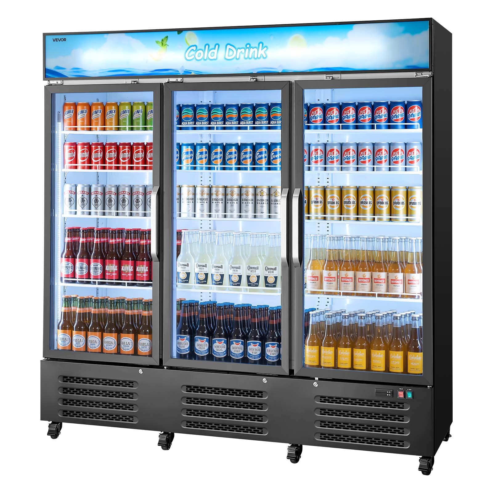 VEVOR Commercial Merchandiser Refrigerator, 54.3 Cu.Ft / 1538L Upright Beverage Cooler, 3 Glass Door Display Refrigerator with Customizable Lightbox, 12 Adjustable Shelves, Soft LED Lighting & Casters