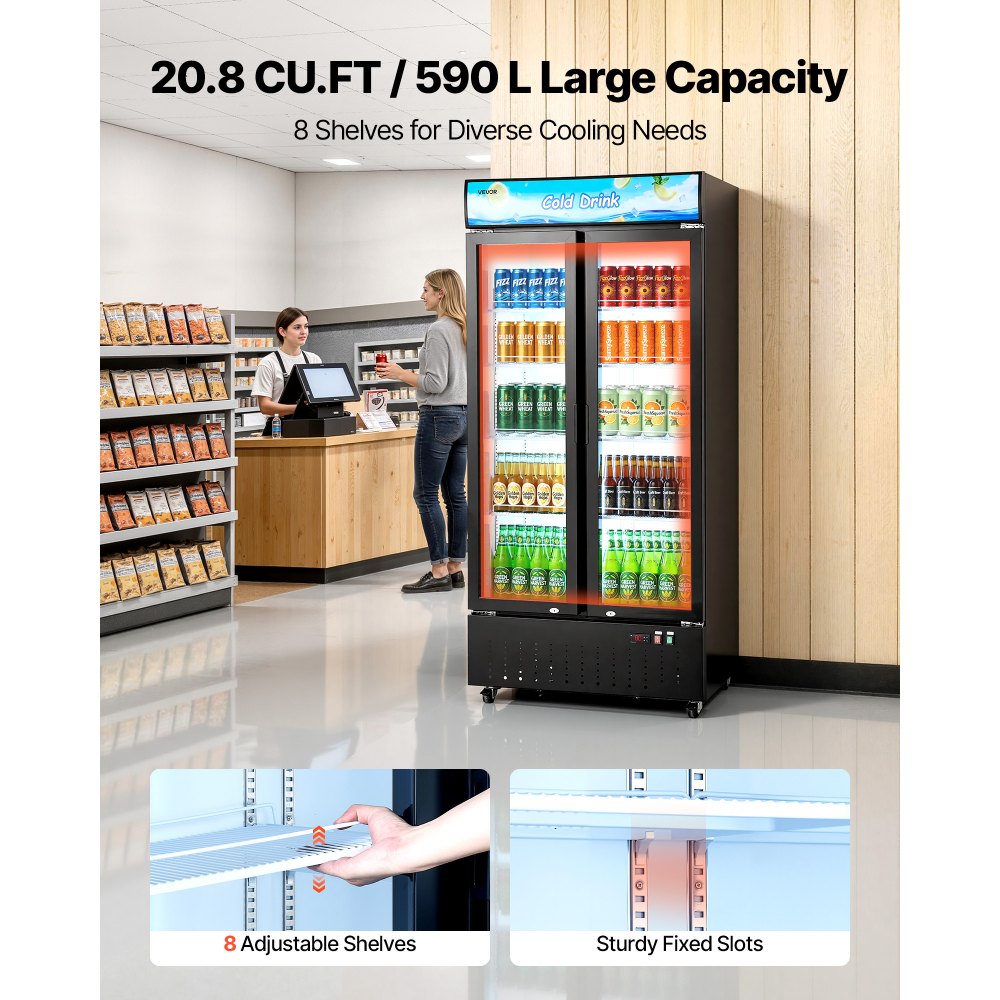 VEVOR Commercial Merchandiser Refrigerator, 20.8 Cu.Ft / 590L Upright Beverage Cooler, 2 Glass Door Display Refrigerator with Customizable Lightbox, 8 Adjustable Shelves, Soft LED Lighting & Casters