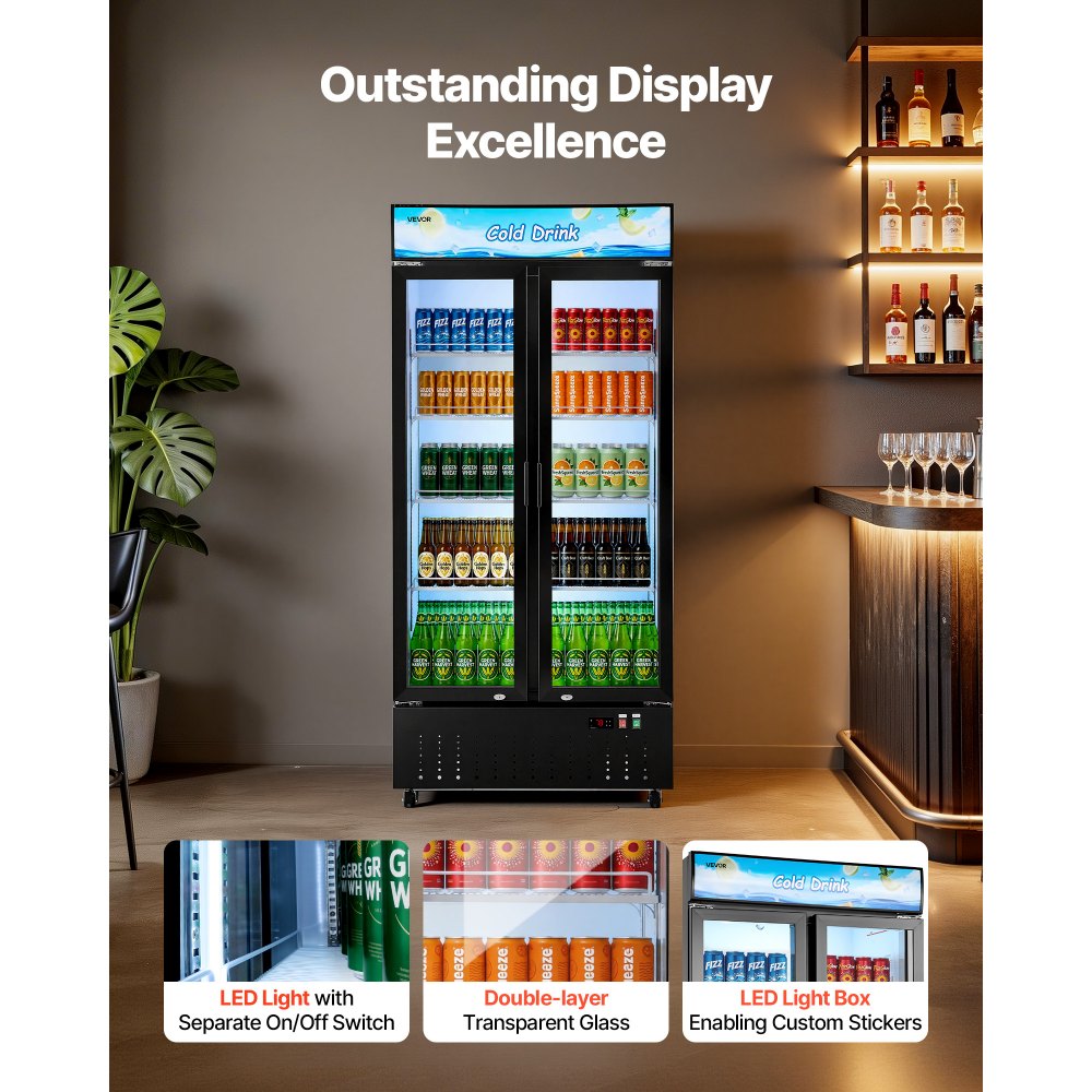 VEVOR Commercial Merchandiser Refrigerator, 20.8 Cu.Ft / 590L Upright Beverage Cooler, 2 Glass Door Display Refrigerator with Customizable Lightbox, 8 Adjustable Shelves, Soft LED Lighting & Casters