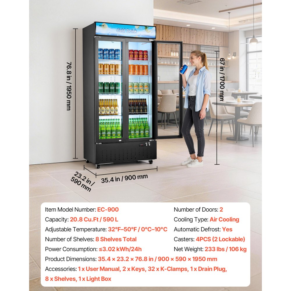 VEVOR Commercial Merchandiser Refrigerator, 20.8 Cu.Ft / 590L Upright Beverage Cooler, 2 Glass Door Display Refrigerator with Customizable Lightbox, 8 Adjustable Shelves, Soft LED Lighting & Casters