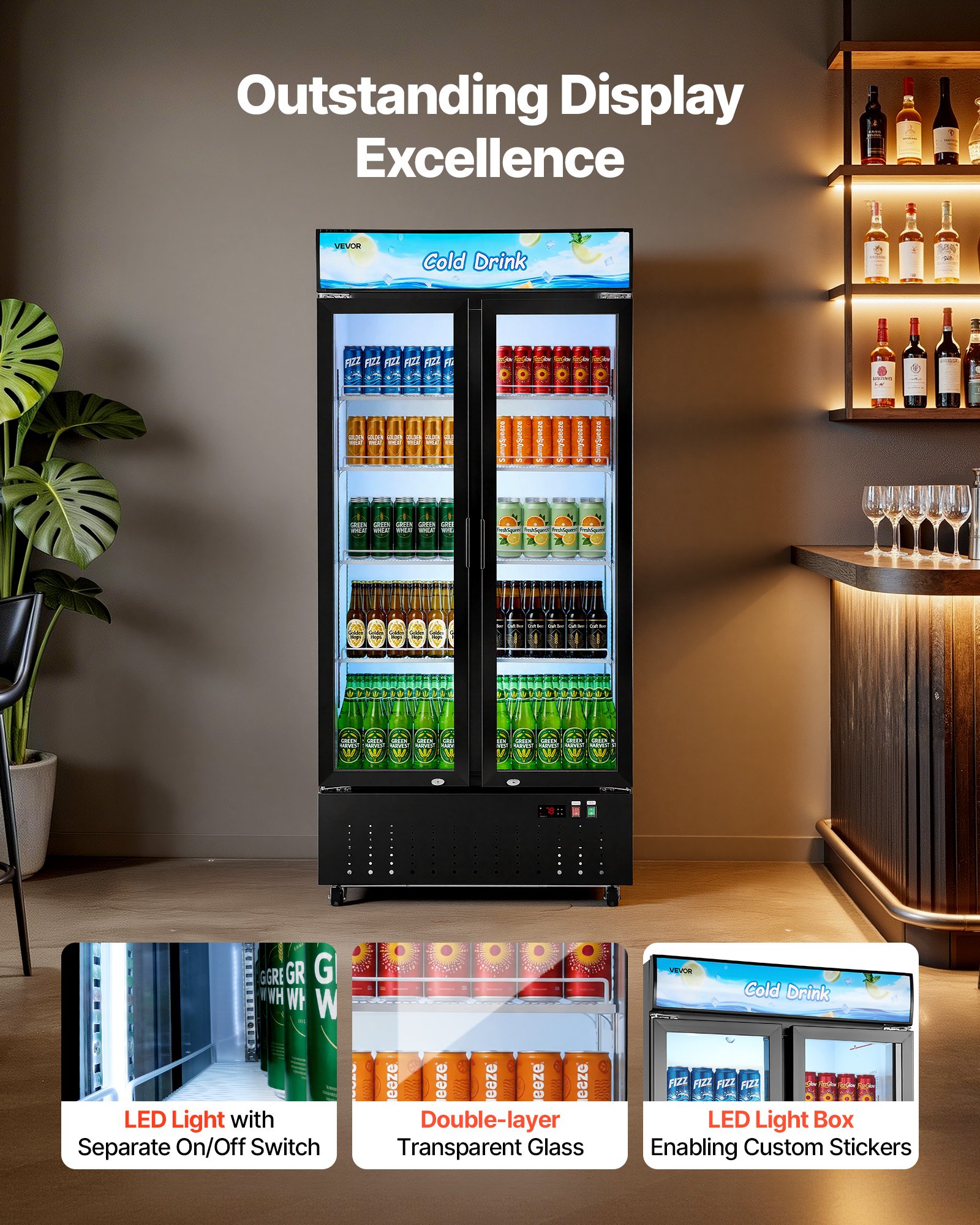 VEVOR Commercial Merchandiser Refrigerator, 20.8 Cu.Ft / 590L Upright Beverage Cooler, 2 Glass Door Display Refrigerator with Customizable Lightbox, 8 Adjustable Shelves, Soft LED Lighting & Casters