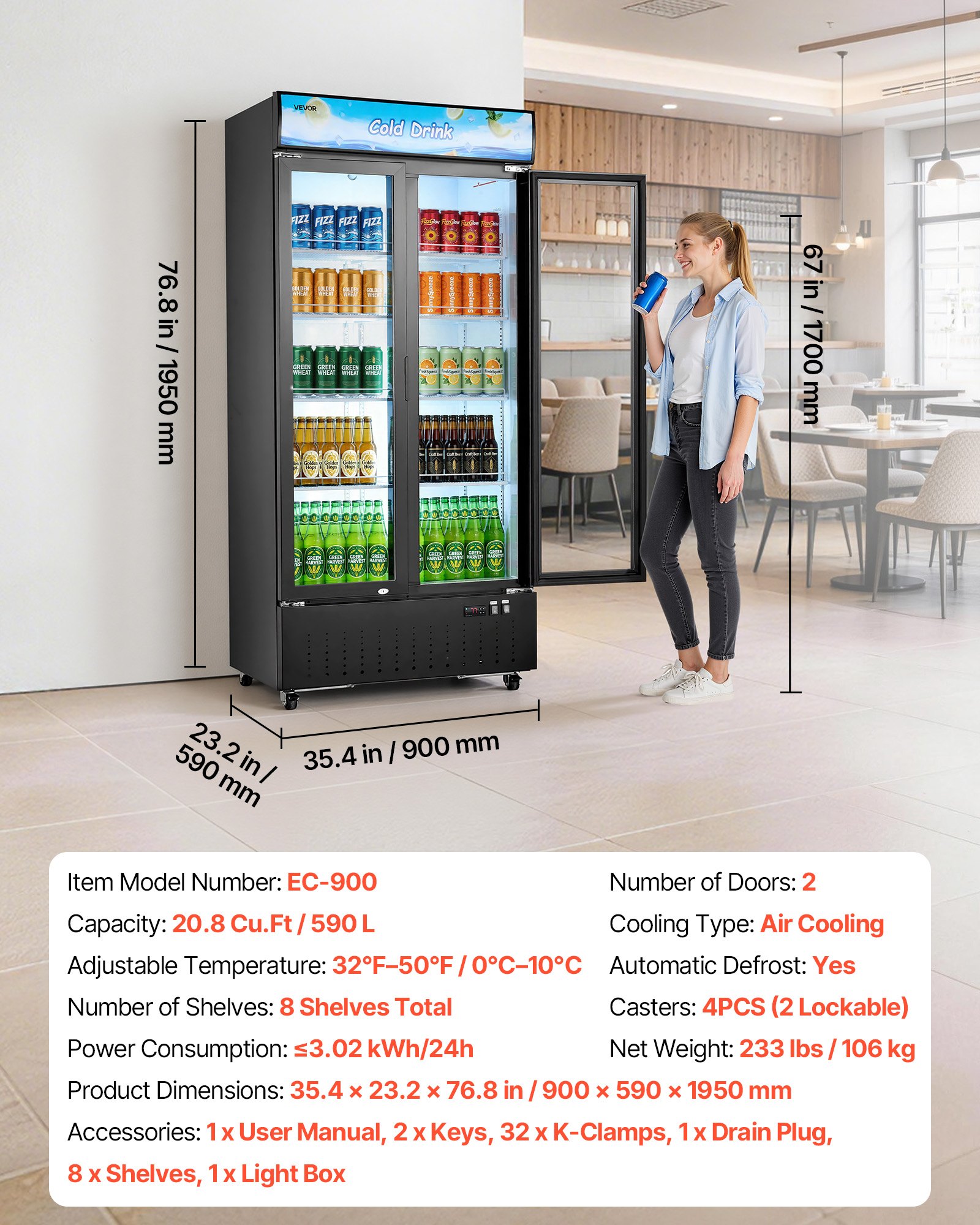 VEVOR Commercial Merchandiser Refrigerator, 20.8 Cu.Ft / 590L Upright Beverage Cooler, 2 Glass Door Display Refrigerator with Customizable Lightbox, 8 Adjustable Shelves, Soft LED Lighting & Casters