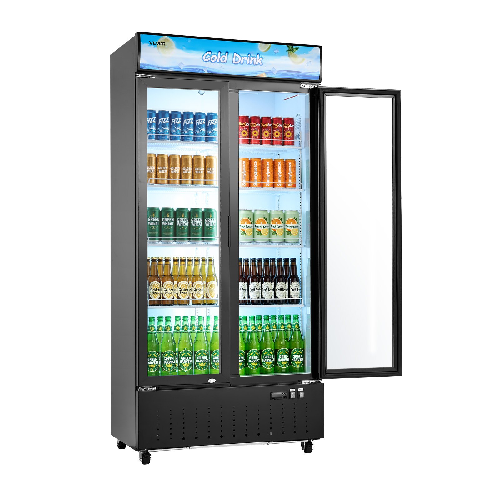 VEVOR Commercial Merchandiser Refrigerator, 20.8 Cu.Ft / 590L Upright Beverage Cooler, 2 Glass Door Display Refrigerator with Customizable Lightbox, 8 Adjustable Shelves, Soft LED Lighting & Casters