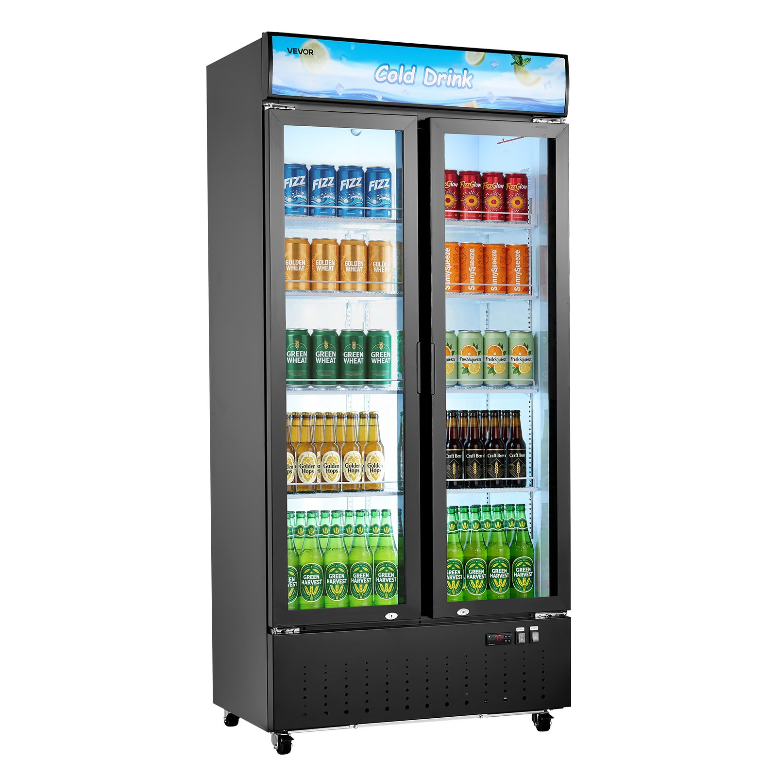 VEVOR Commercial Merchandiser Refrigerator, 20.8 Cu.Ft / 590L Upright Beverage Cooler, 2 Glass Door Display Refrigerator with Customizable Lightbox, 8 Adjustable Shelves, Soft LED Lighting & Casters