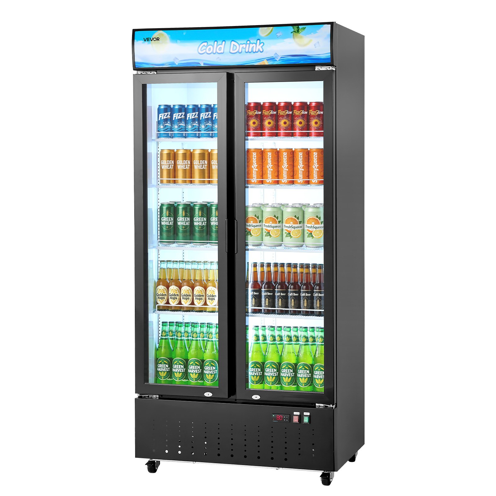 VEVOR Commercial Merchandiser Refrigerator, 20.8 Cu.Ft / 590L Upright Beverage Cooler, 2 Glass Door Display Refrigerator with Customizable Lightbox, 8 Adjustable Shelves, Soft LED Lighting & Casters