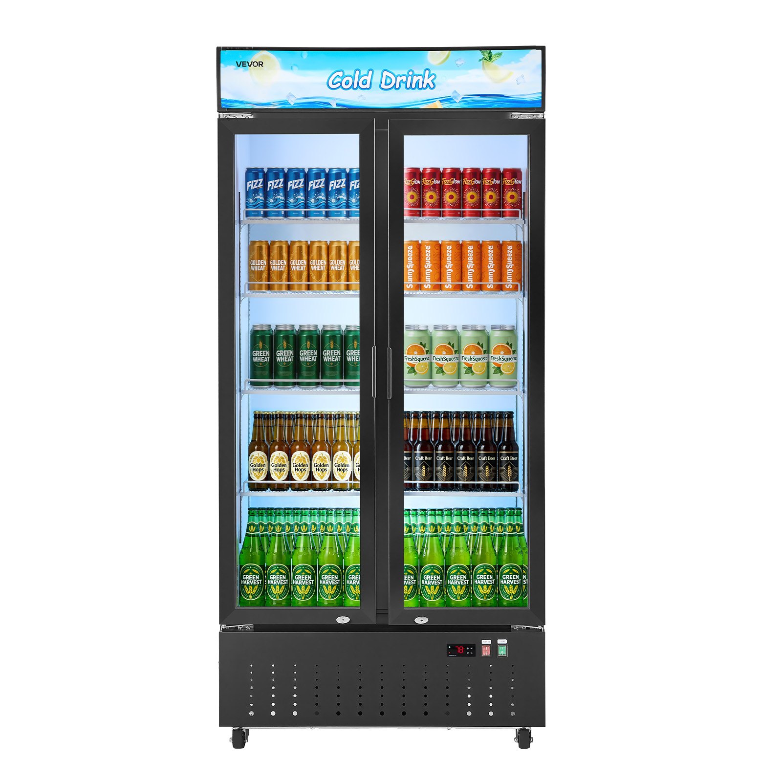 VEVOR Commercial Merchandiser Refrigerator, 20.8 Cu.Ft / 590L Upright Beverage Cooler, 2 Glass Door Display Refrigerator with Customizable Lightbox, 8 Adjustable Shelves, Soft LED Lighting & Casters