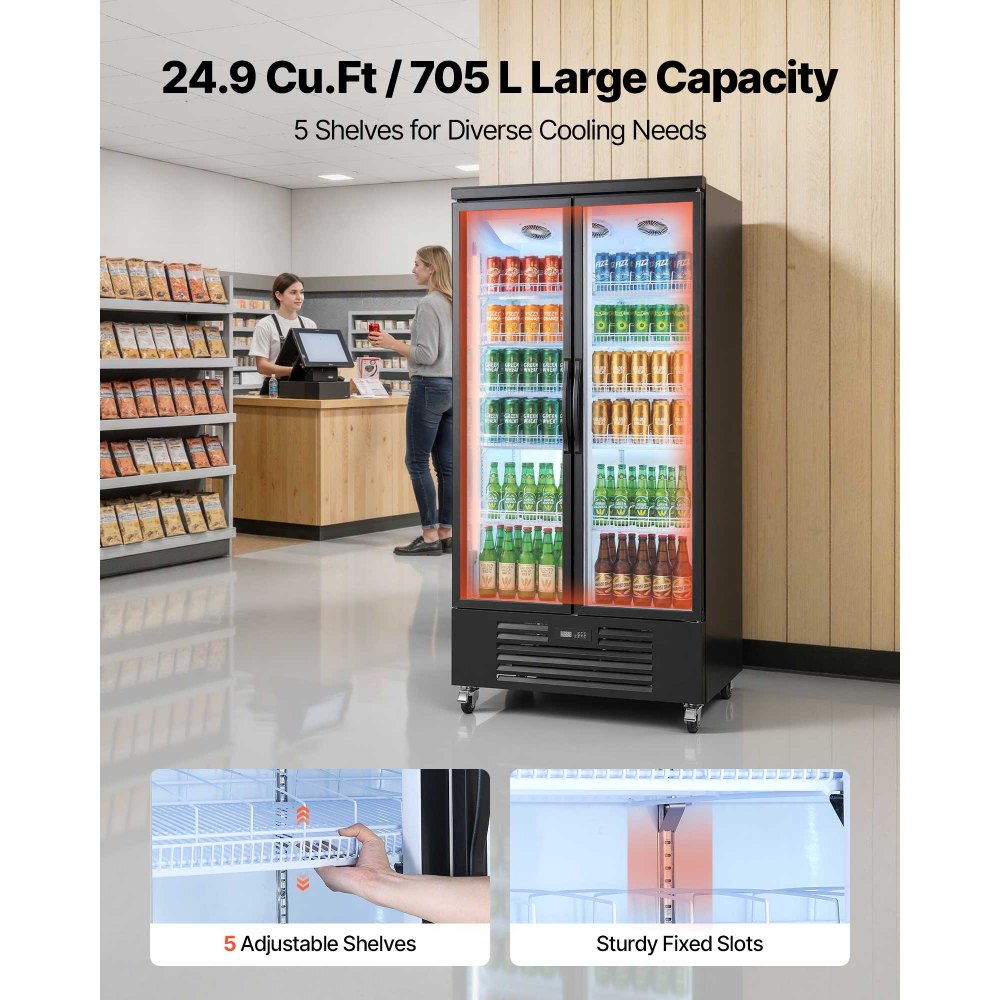 VEVOR Commercial Merchandiser Refrigerator, 24.9 Cu.Ft / 705L Upright Beverage Cooler, 2 Glass Door Display Refrigerator with 5 Adjustable Shelves, Soft LED Light & Casters for Bars Shops Supermarkets