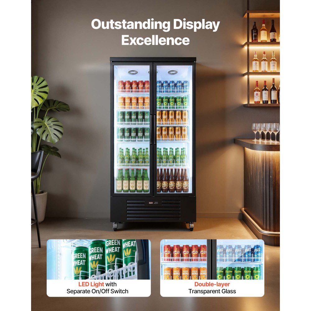 VEVOR Commercial Merchandiser Refrigerator, 24.9 Cu.Ft / 705L Upright Beverage Cooler, 2 Glass Door Display Refrigerator with 5 Adjustable Shelves, Soft LED Light & Casters for Bars Shops Supermarkets