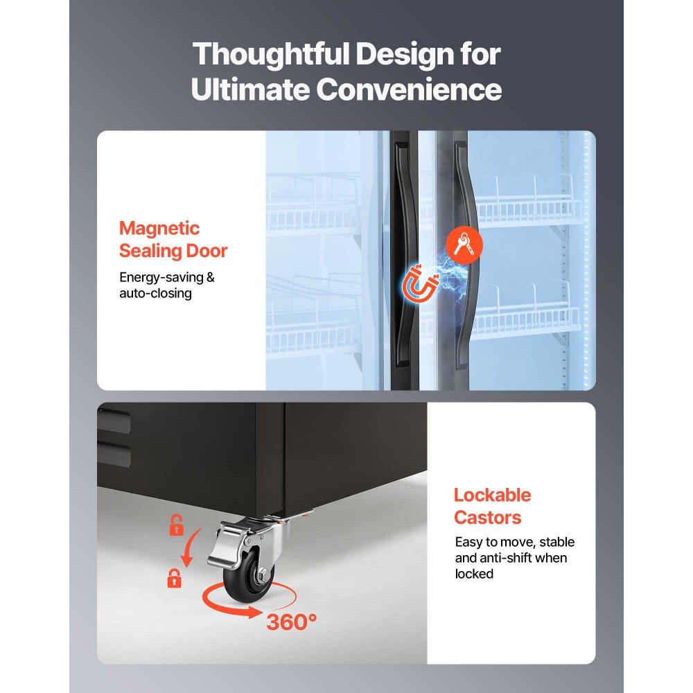 VEVOR Commercial Merchandiser Refrigerator, 24.9 Cu.Ft / 705L Upright Beverage Cooler, 2 Glass Door Display Refrigerator with 5 Adjustable Shelves, Soft LED Light & Casters for Bars Shops Supermarkets