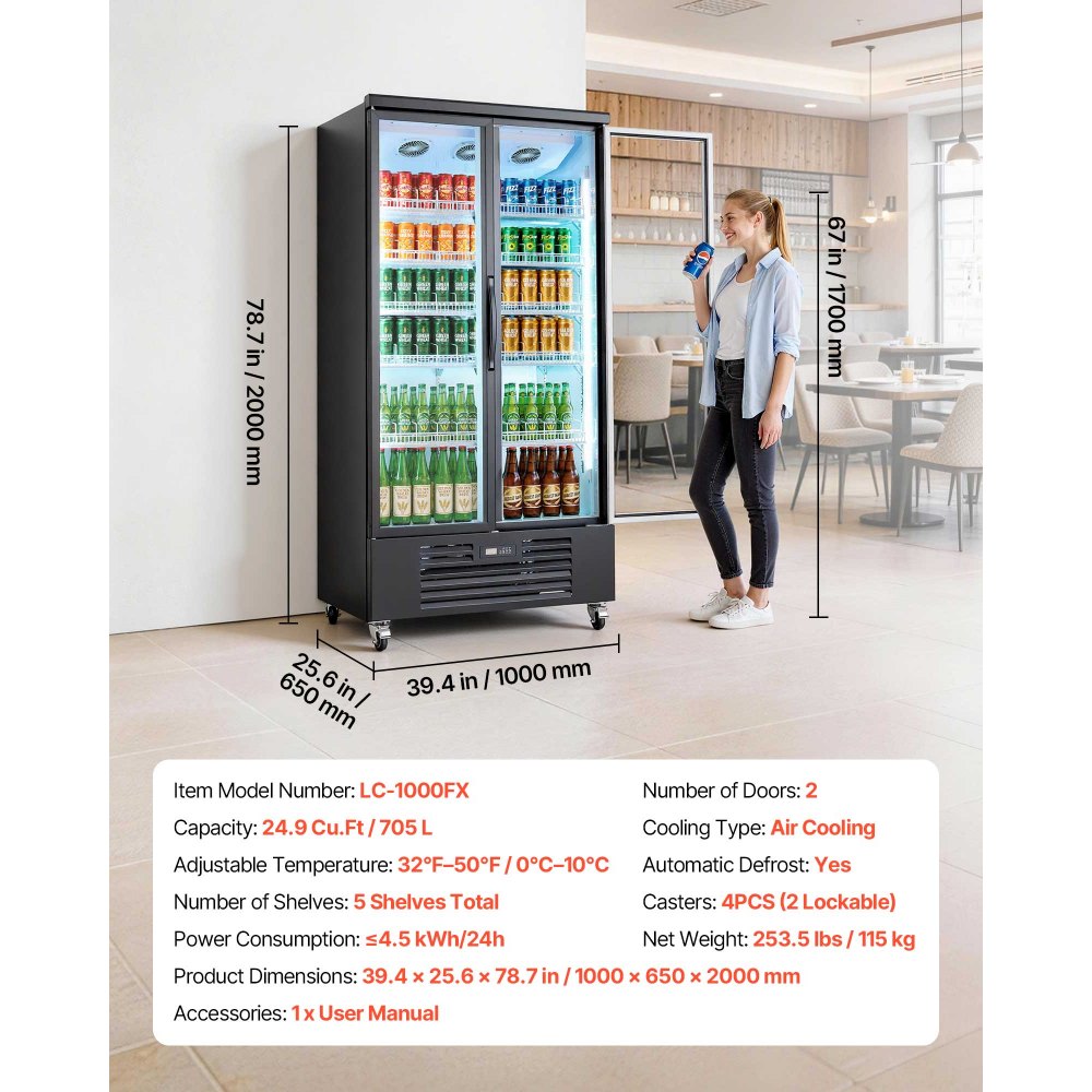 VEVOR Commercial Merchandiser Refrigerator, 24.9 Cu.Ft / 705L Upright Beverage Cooler, 2 Glass Door Display Refrigerator with 5 Adjustable Shelves, Soft LED Light & Casters for Bars Shops Supermarkets