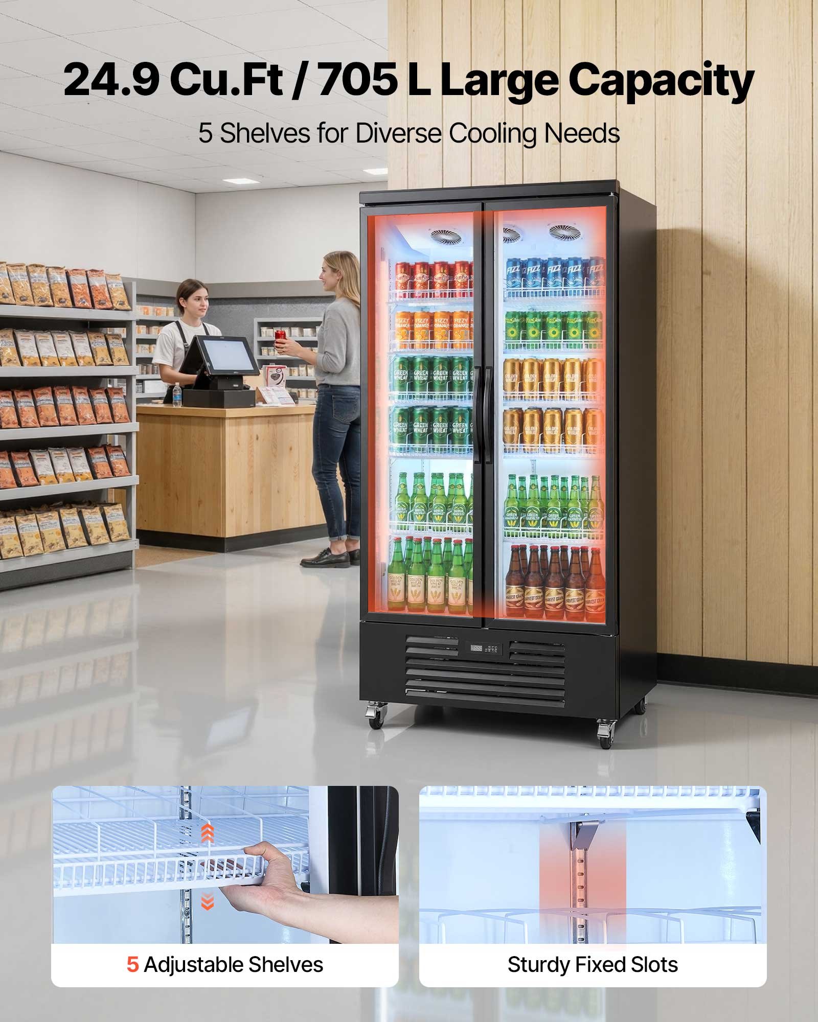 VEVOR Commercial Merchandiser Refrigerator, 24.9 Cu.Ft / 705L Upright Beverage Cooler, 2 Glass Door Display Refrigerator with 5 Adjustable Shelves, Soft LED Light & Casters for Bars Shops Supermarkets