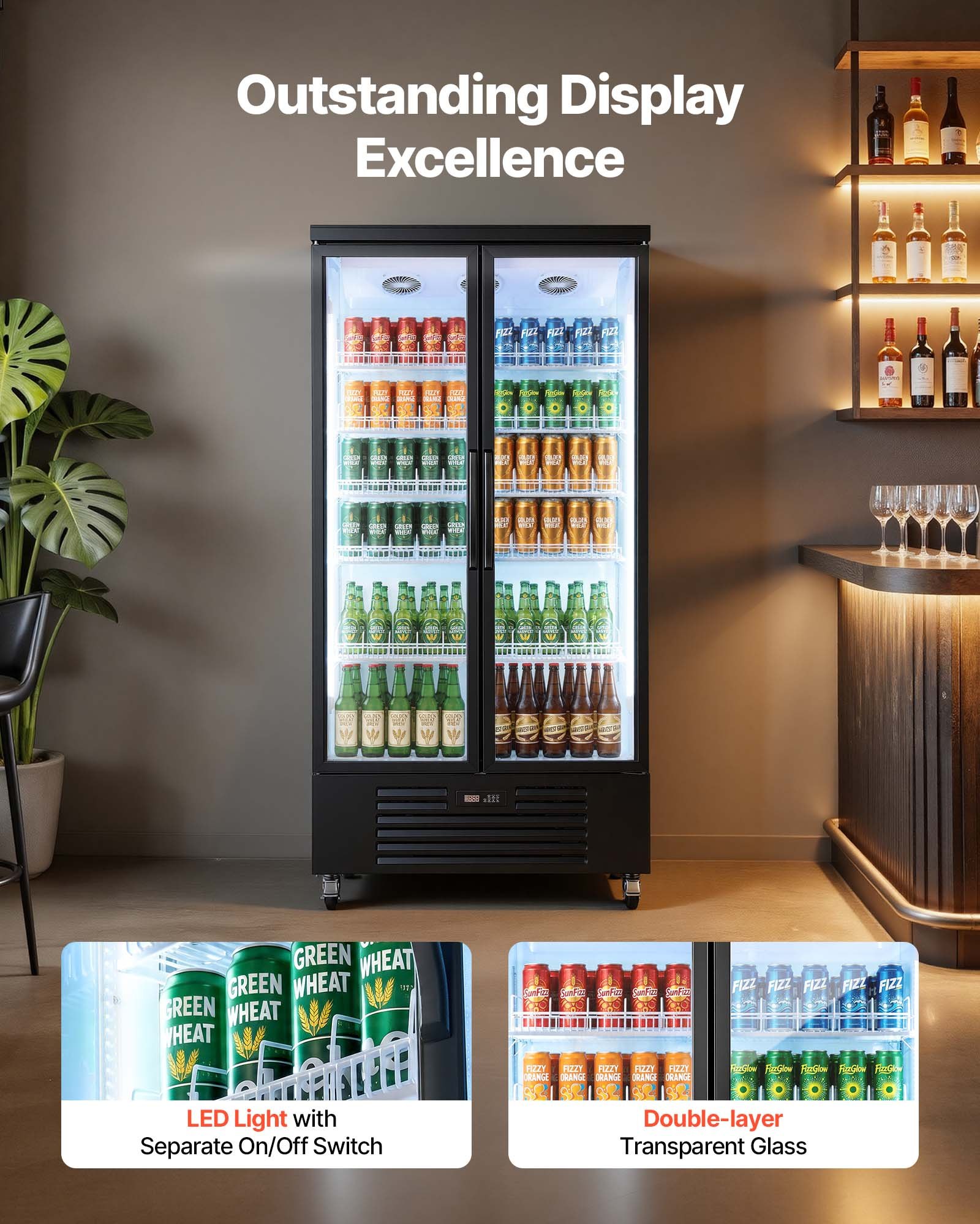 VEVOR Commercial Merchandiser Refrigerator, 24.9 Cu.Ft / 705L Upright Beverage Cooler, 2 Glass Door Display Refrigerator with 5 Adjustable Shelves, Soft LED Light & Casters for Bars Shops Supermarkets