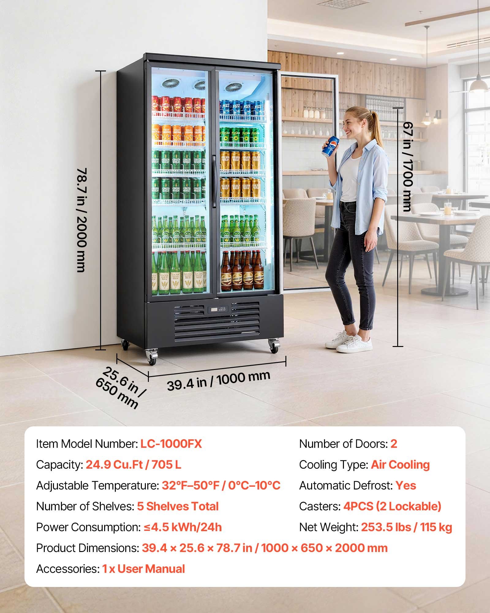 VEVOR Commercial Merchandiser Refrigerator, 24.9 Cu.Ft / 705L Upright Beverage Cooler, 2 Glass Door Display Refrigerator with 5 Adjustable Shelves, Soft LED Light & Casters for Bars Shops Supermarkets