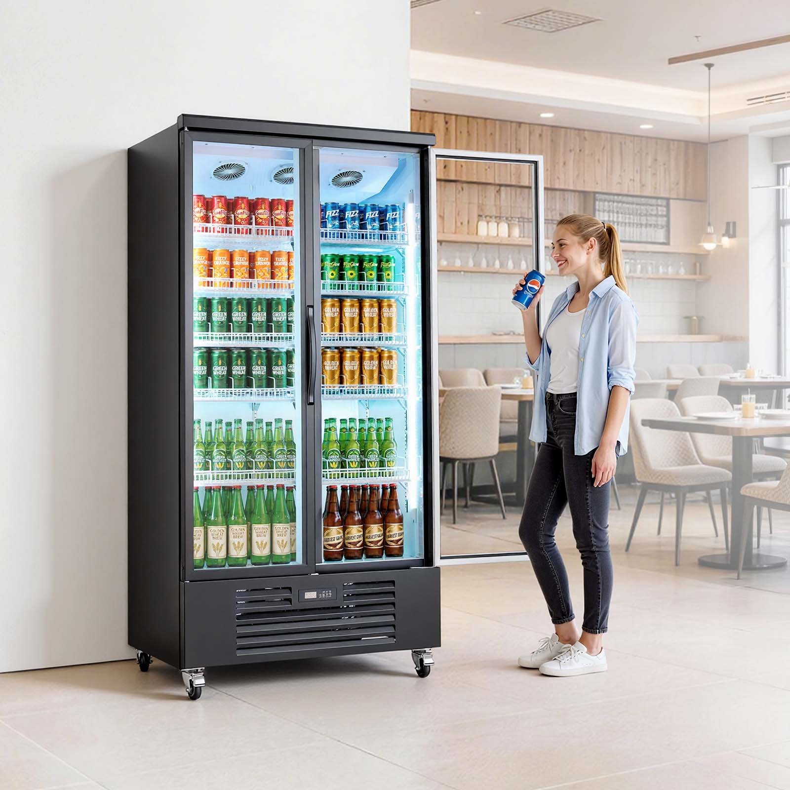 VEVOR Commercial Merchandiser Refrigerator, 24.9 Cu.Ft / 705L Upright Beverage Cooler, 2 Glass Door Display Refrigerator with 5 Adjustable Shelves, Soft LED Light & Casters for Bars Shops Supermarkets