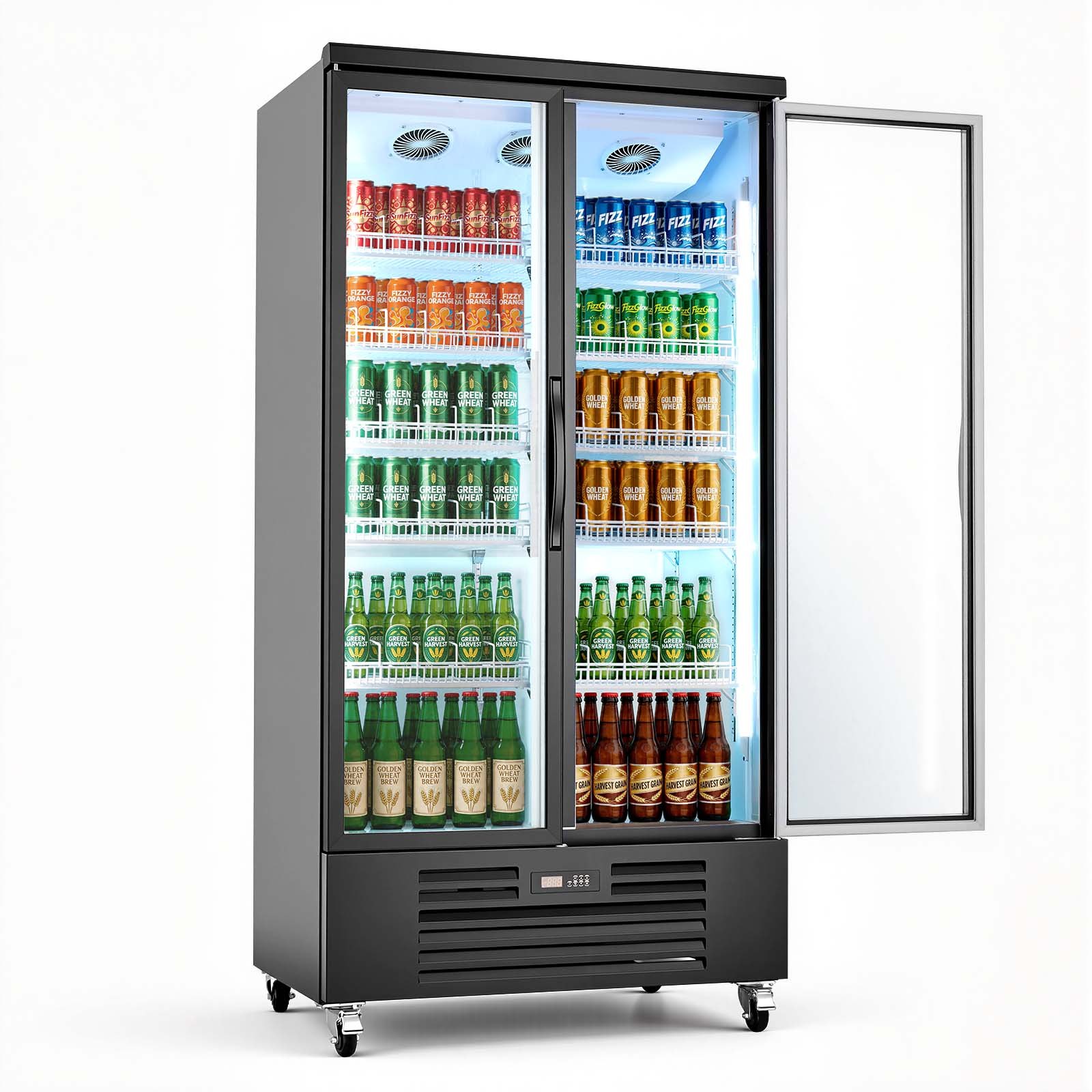 VEVOR Commercial Merchandiser Refrigerator, 24.9 Cu.Ft / 705L Upright Beverage Cooler, 2 Glass Door Display Refrigerator with 5 Adjustable Shelves, Soft LED Light & Casters for Bars Shops Supermarkets