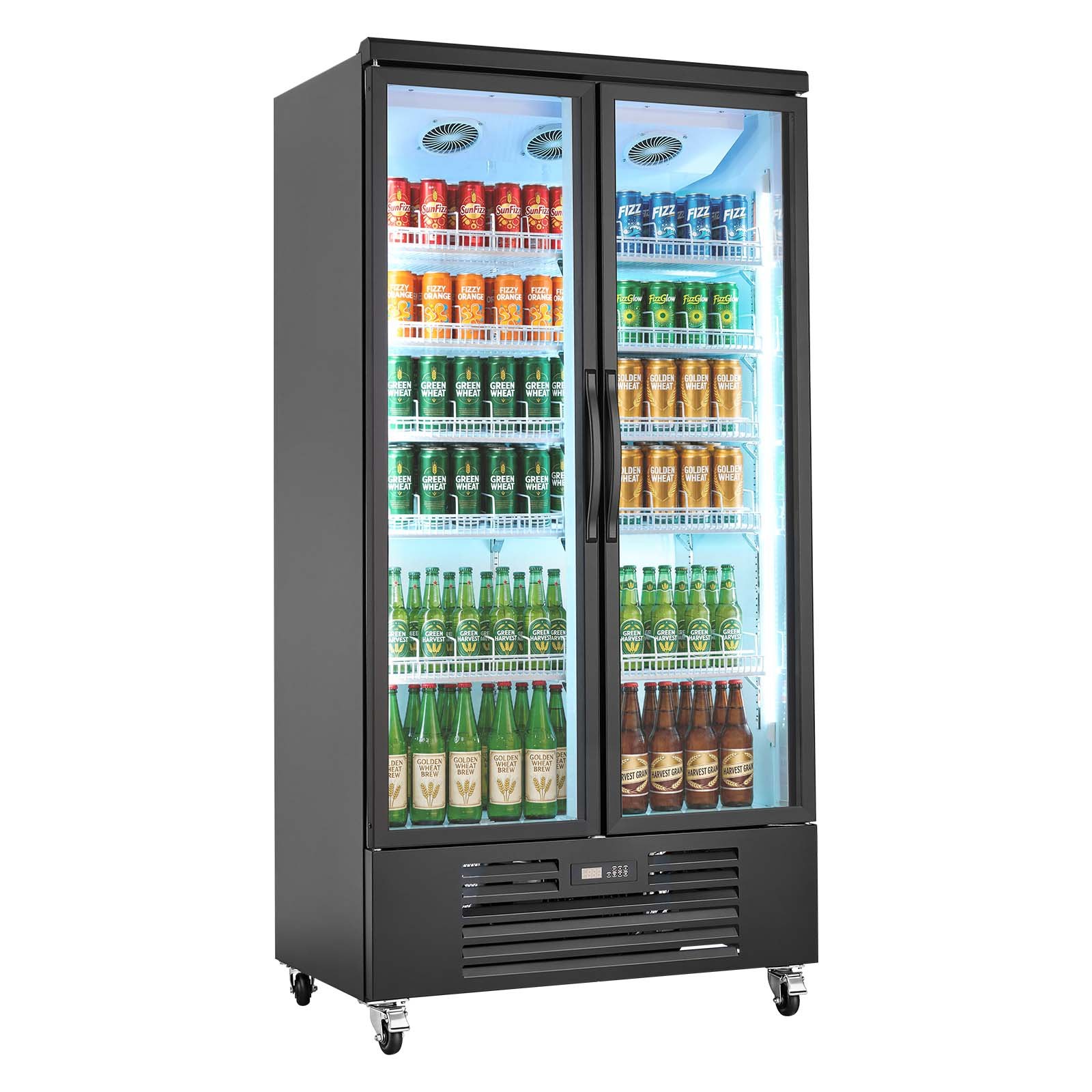 VEVOR Commercial Merchandiser Refrigerator, 24.9 Cu.Ft / 705L Upright Beverage Cooler, 2 Glass Door Display Refrigerator with 5 Adjustable Shelves, Soft LED Light & Casters for Bars Shops Supermarkets