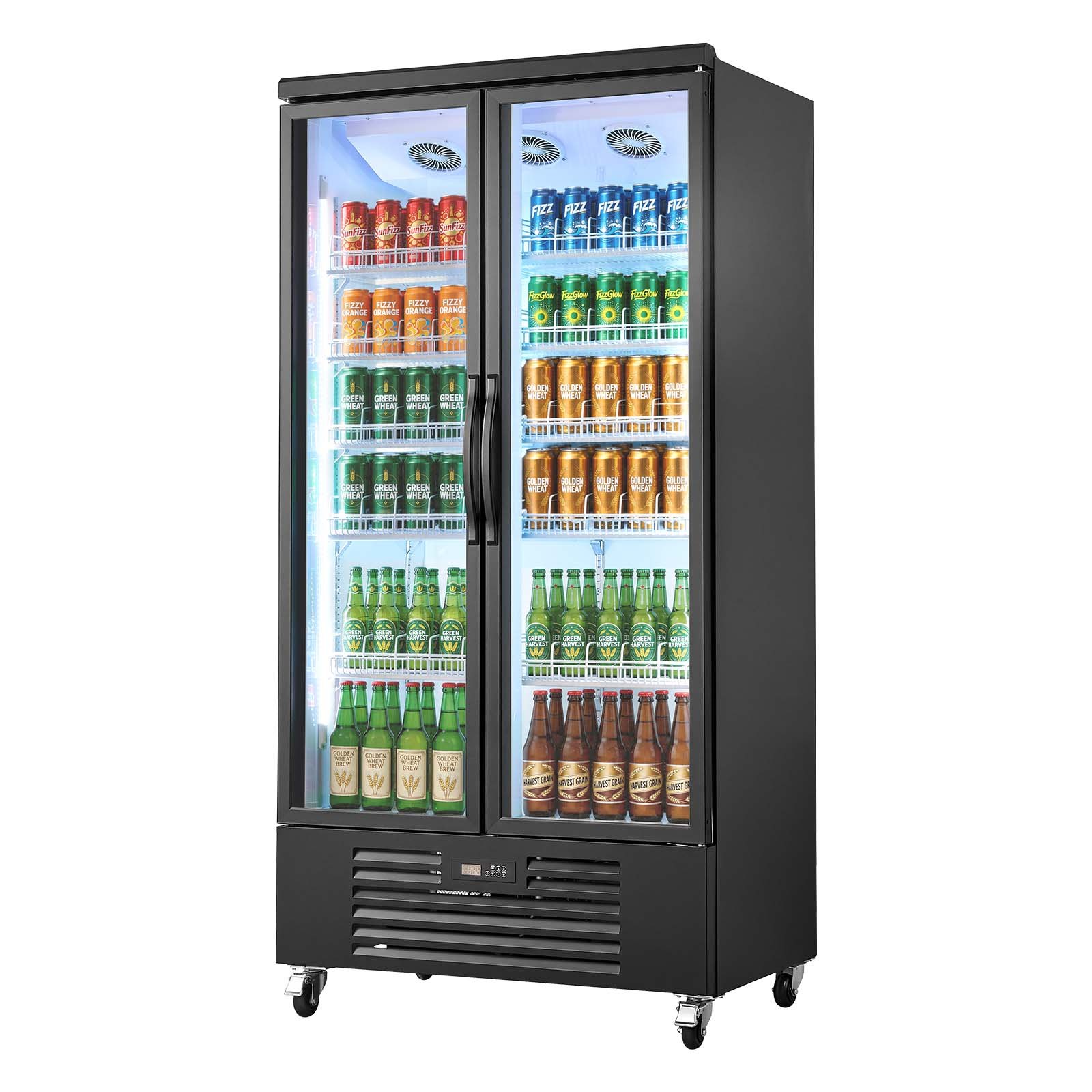 VEVOR Commercial Merchandiser Refrigerator, 24.9 Cu.Ft / 705L Upright Beverage Cooler, 2 Glass Door Display Refrigerator with 5 Adjustable Shelves, Soft LED Light & Casters for Bars Shops Supermarkets