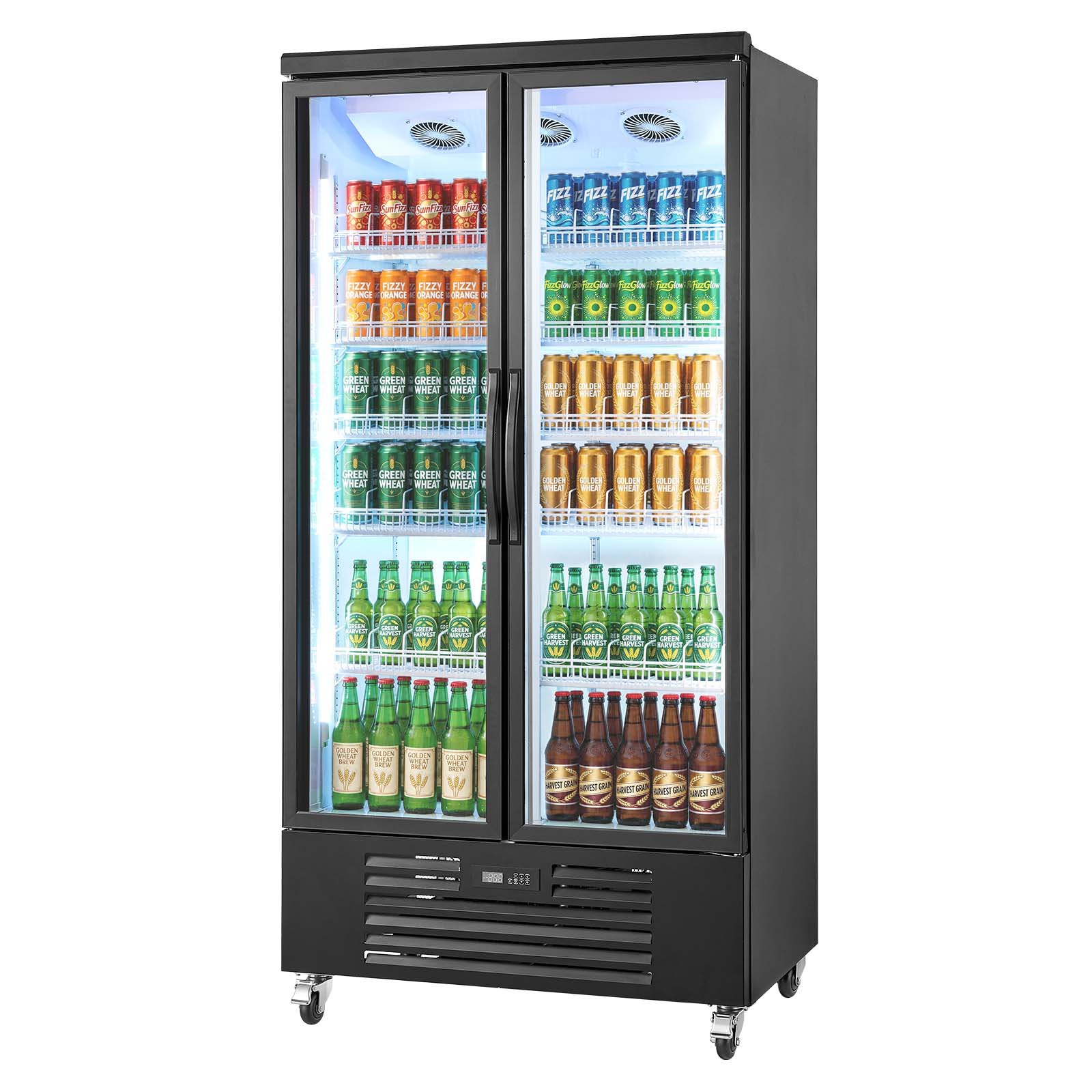 VEVOR Commercial Merchandiser Refrigerator, 24.9 Cu.Ft / 705L Upright Beverage Cooler, 2 Glass Door Display Refrigerator with 5 Adjustable Shelves, Soft LED Light & Casters for Bars Shops Supermarkets