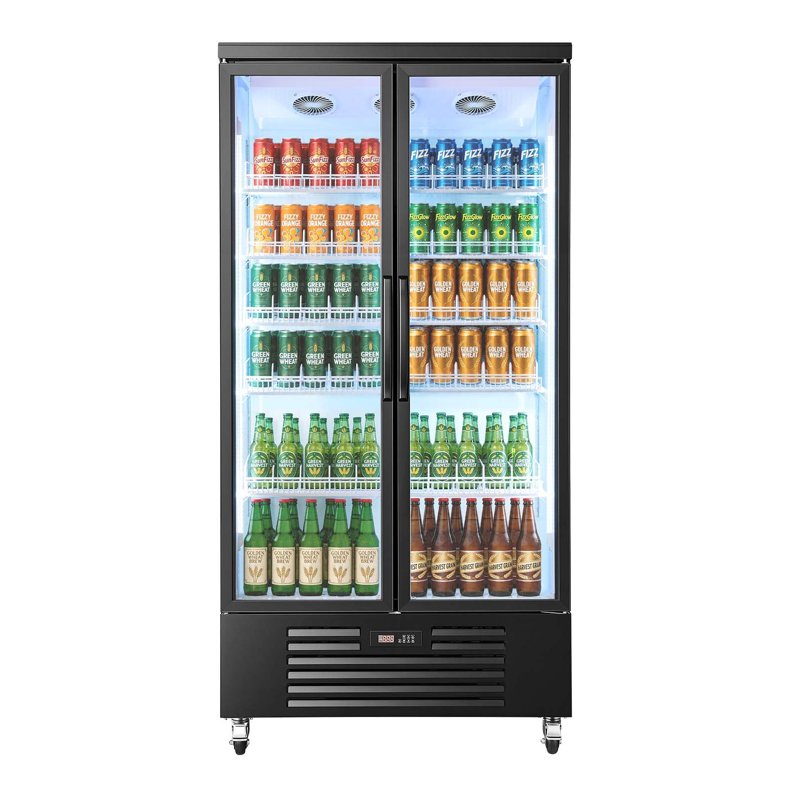 VEVOR Commercial Merchandiser Refrigerator, 24.9 Cu.Ft / 705L Upright Beverage Cooler, 2 Glass Door Display Refrigerator with 5 Adjustable Shelves, Soft LED Light & Casters for Bars Shops Supermarkets