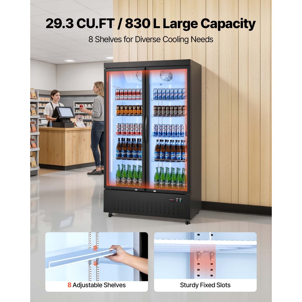 VEVOR Commercial Merchandiser Refrigerator, 29.3 Cu.Ft / 830L Upright Beverage Cooler, 2 Glass Door Display Refrigerator with 8 Adjustable Shelves, Soft LED Light & Casters for Bars Shops Supermarkets