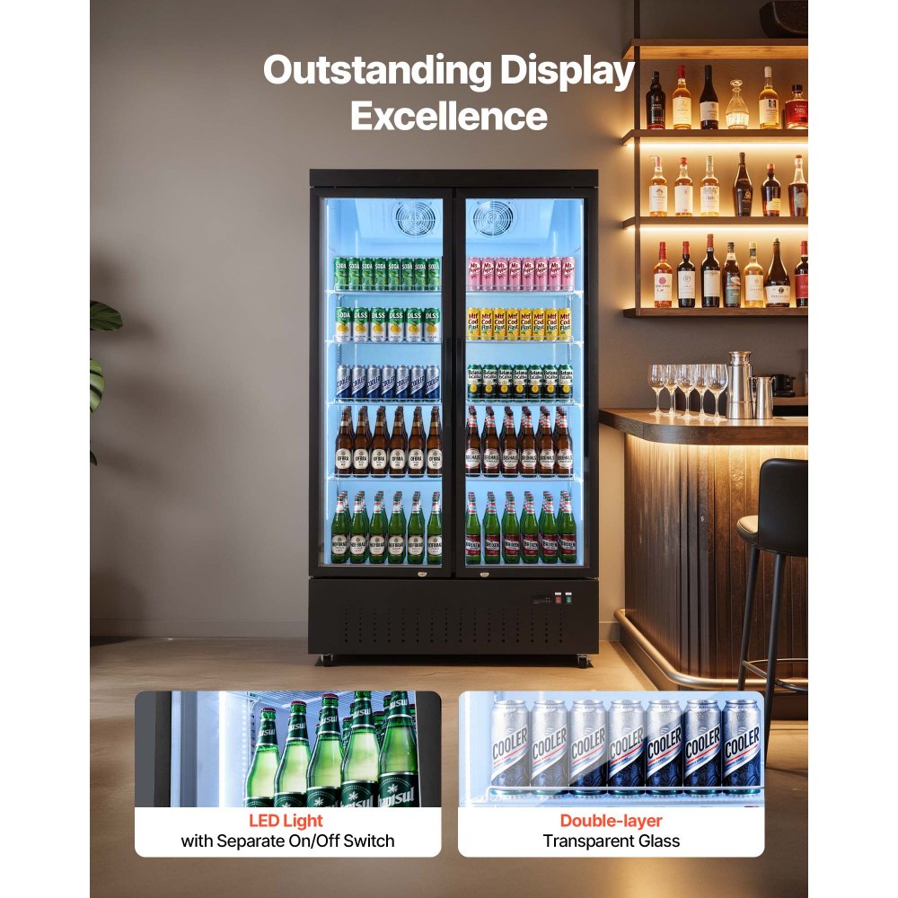 VEVOR Commercial Merchandiser Refrigerator, 29.3 Cu.Ft / 830L Upright Beverage Cooler, 2 Glass Door Display Refrigerator with 8 Adjustable Shelves, Soft LED Light & Casters for Bars Shops Supermarkets