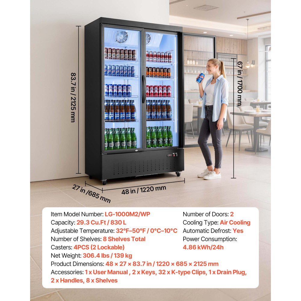 VEVOR Commercial Merchandiser Refrigerator, 29.3 Cu.Ft / 830L Upright Beverage Cooler, 2 Glass Door Display Refrigerator with 8 Adjustable Shelves, Soft LED Light & Casters for Bars Shops Supermarkets