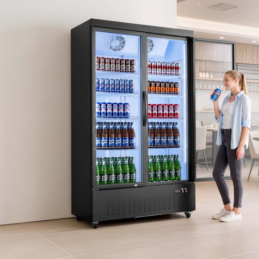 VEVOR Commercial Merchandiser Refrigerator, 29.3 Cu.Ft / 830L Upright Beverage Cooler, 2 Glass Door Display Refrigerator with 8 Adjustable Shelves, Soft LED Light & Casters for Bars Shops Supermarkets