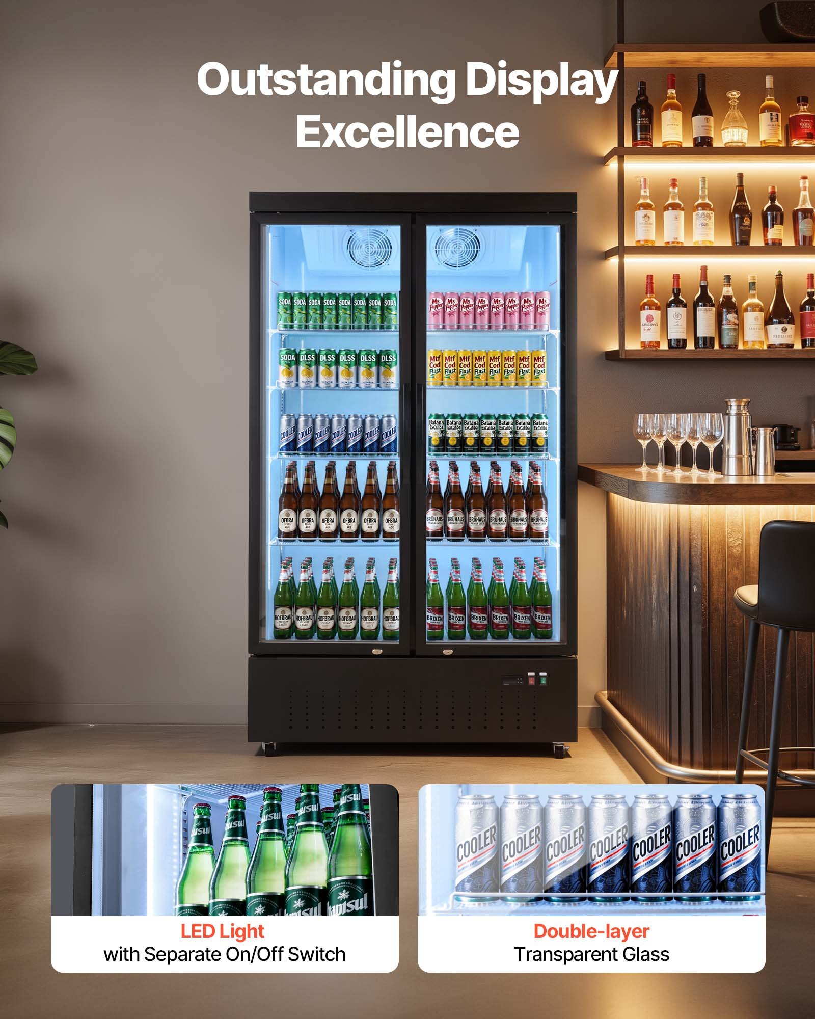 VEVOR Commercial Merchandiser Refrigerator, 29.3 Cu.Ft / 830L Upright Beverage Cooler, 2 Glass Door Display Refrigerator with 8 Adjustable Shelves, Soft LED Light & Casters for Bars Shops Supermarkets