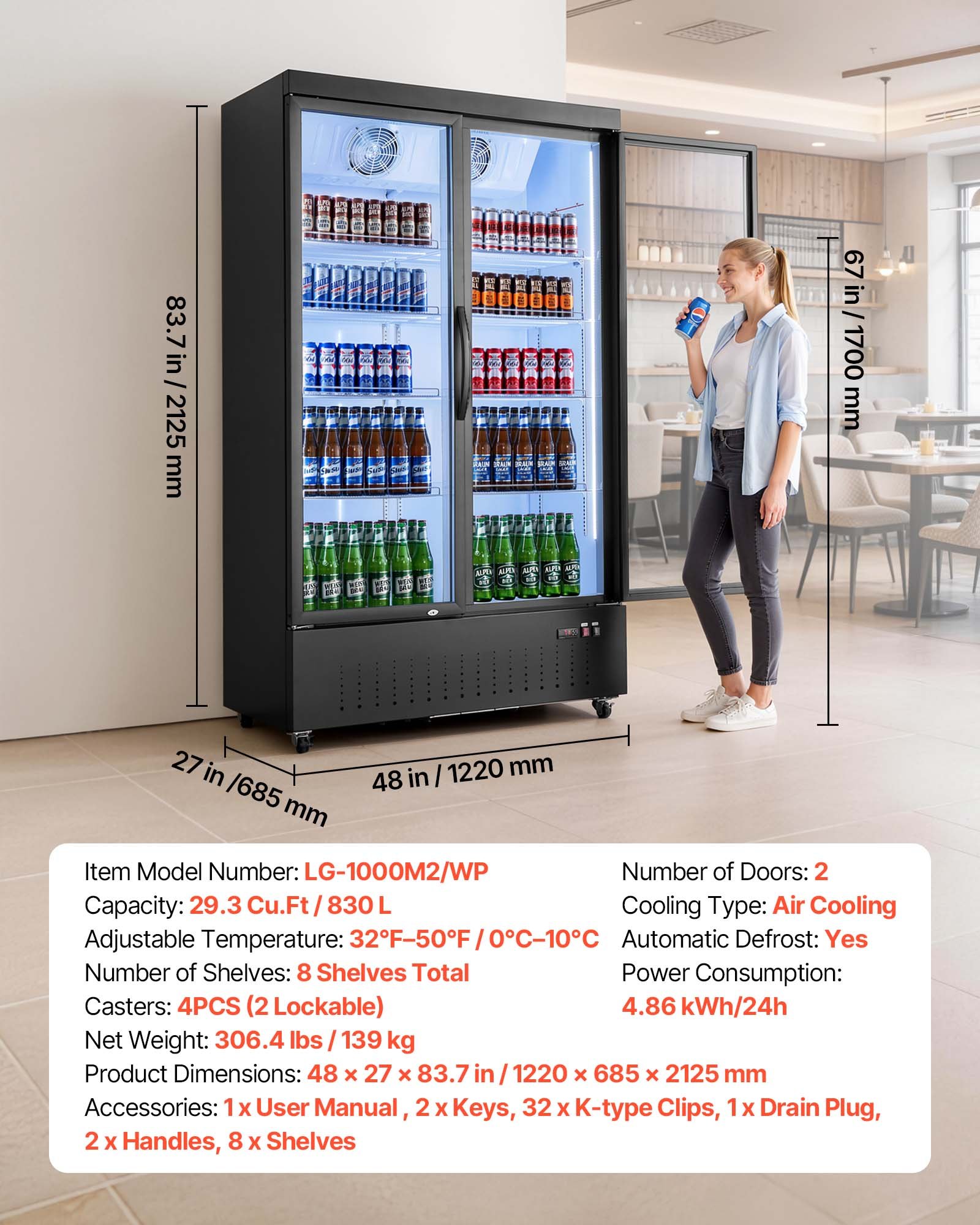 VEVOR Commercial Merchandiser Refrigerator, 29.3 Cu.Ft / 830L Upright Beverage Cooler, 2 Glass Door Display Refrigerator with 8 Adjustable Shelves, Soft LED Light & Casters for Bars Shops Supermarkets