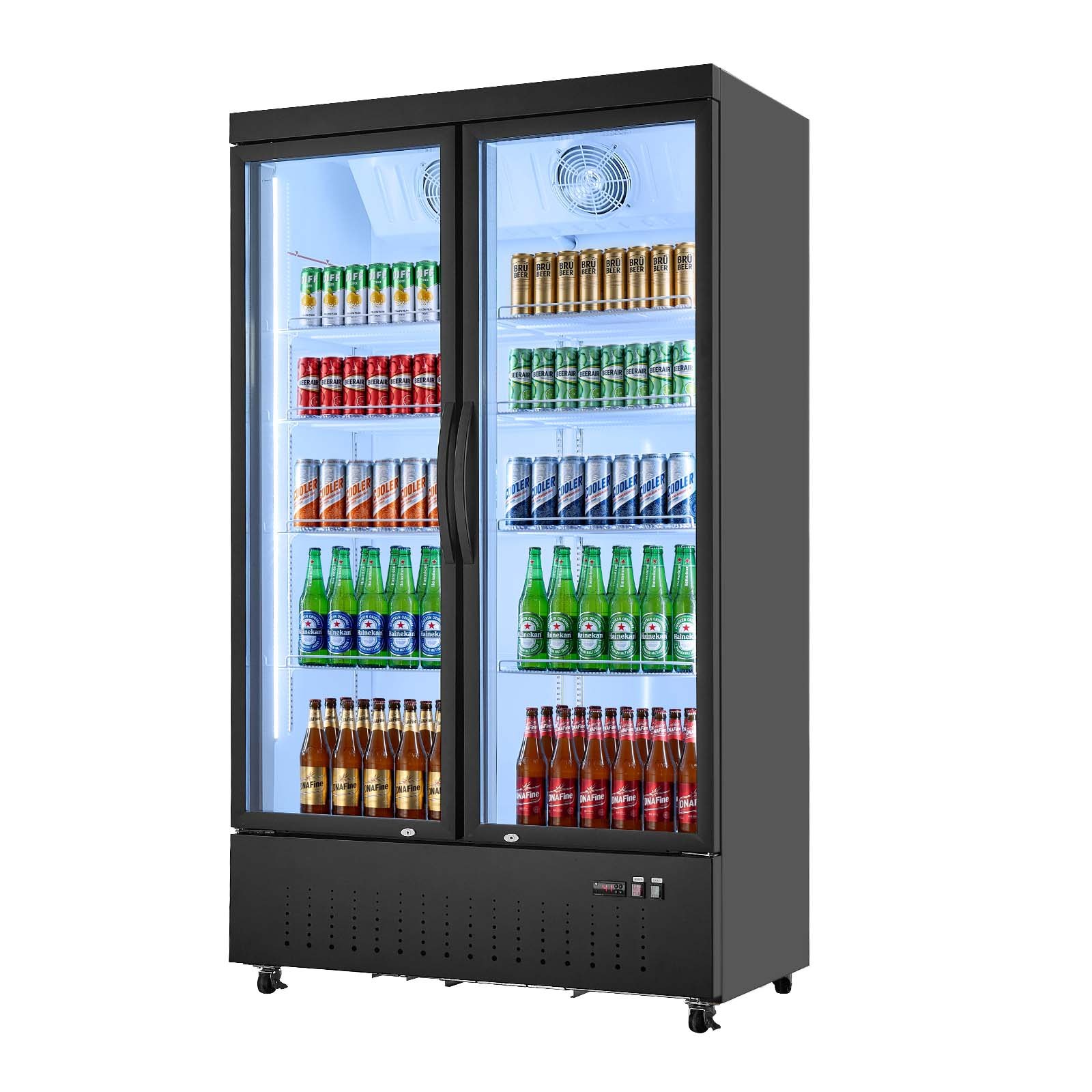 VEVOR Commercial Merchandiser Refrigerator, 29.3 Cu.Ft / 830L Upright Beverage Cooler, 2 Glass Door Display Refrigerator with 8 Adjustable Shelves, Soft LED Light & Casters for Bars Shops Supermarkets
