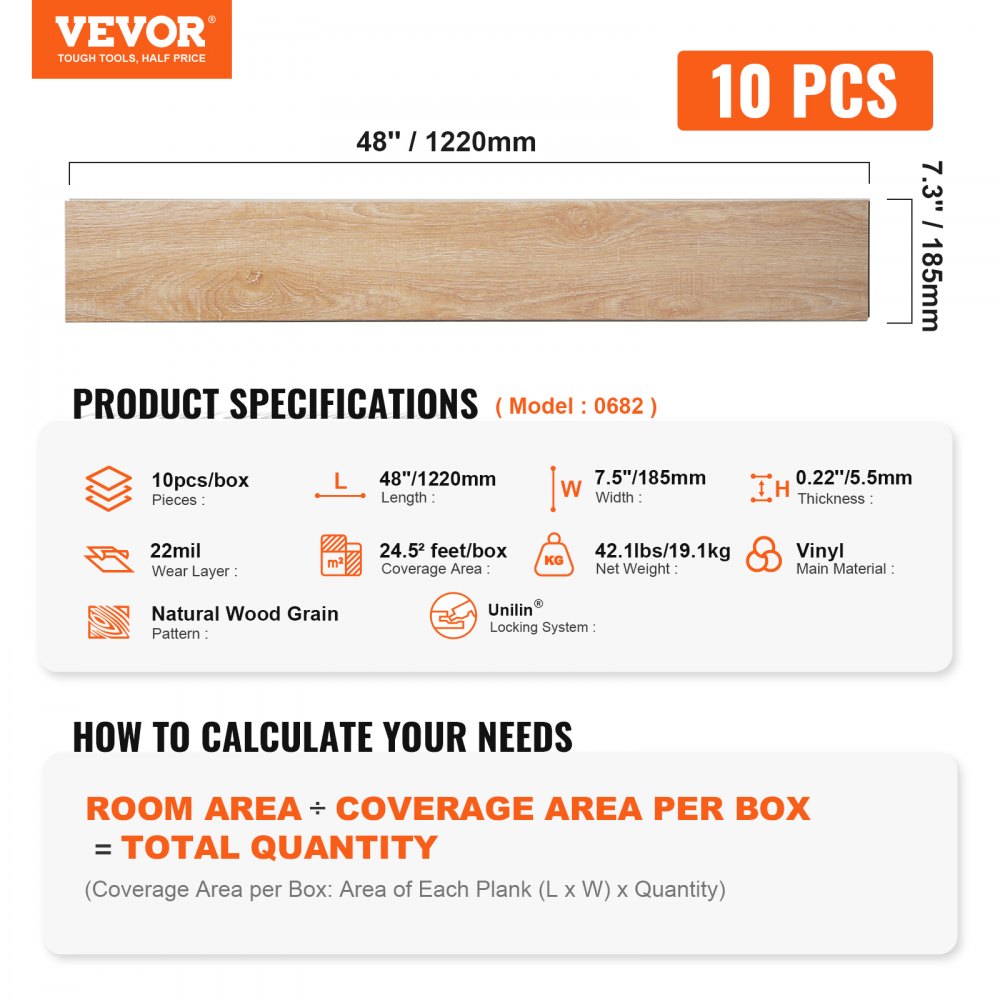 VEVOR Interlocking Vinyl Floor Tiles 48 x 7.3 inch, 10 Tiles 5.5mm Thick Snap Together, Natural Wood Grain DIY Flooring for Kitchen, Dining Room, Bedrooms & Bathrooms, Easy for Home Decor