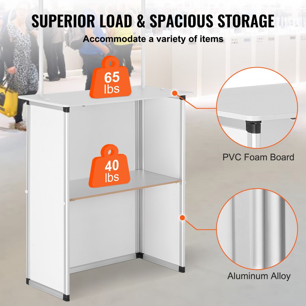 VEVOR promotion counter with wood board, aluminum alloy, supports 65 lbs top and 40 lbs middle shelf.