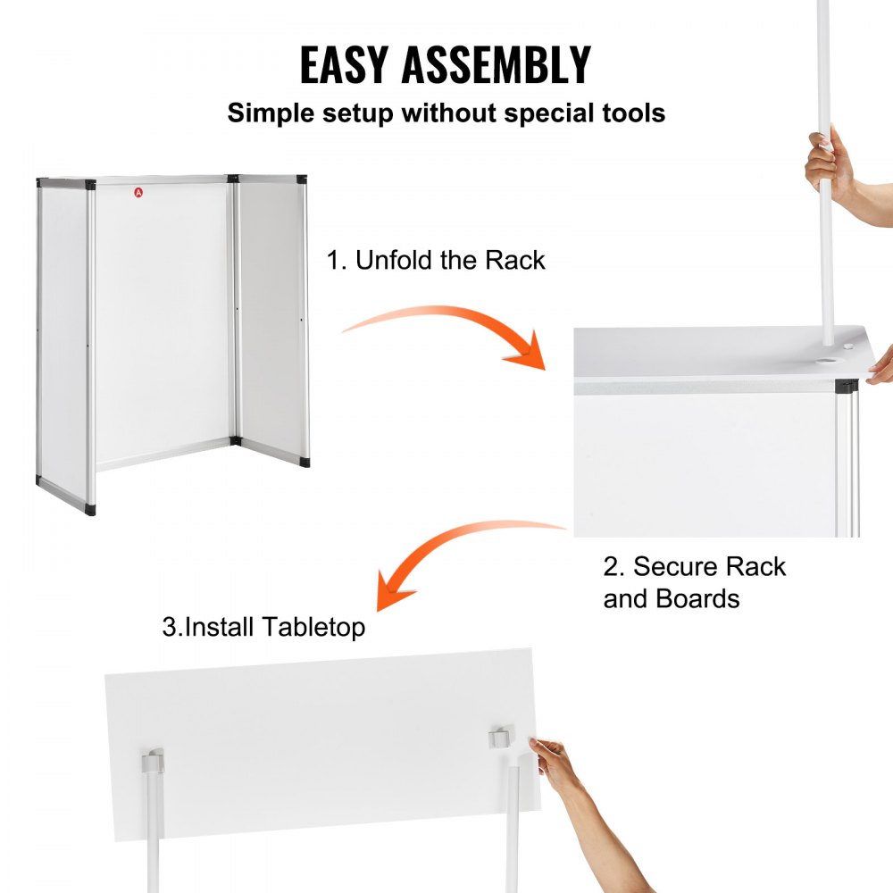 VEVOR promotion counter assembly steps: unfold rack, secure rack and boards, install tabletop.