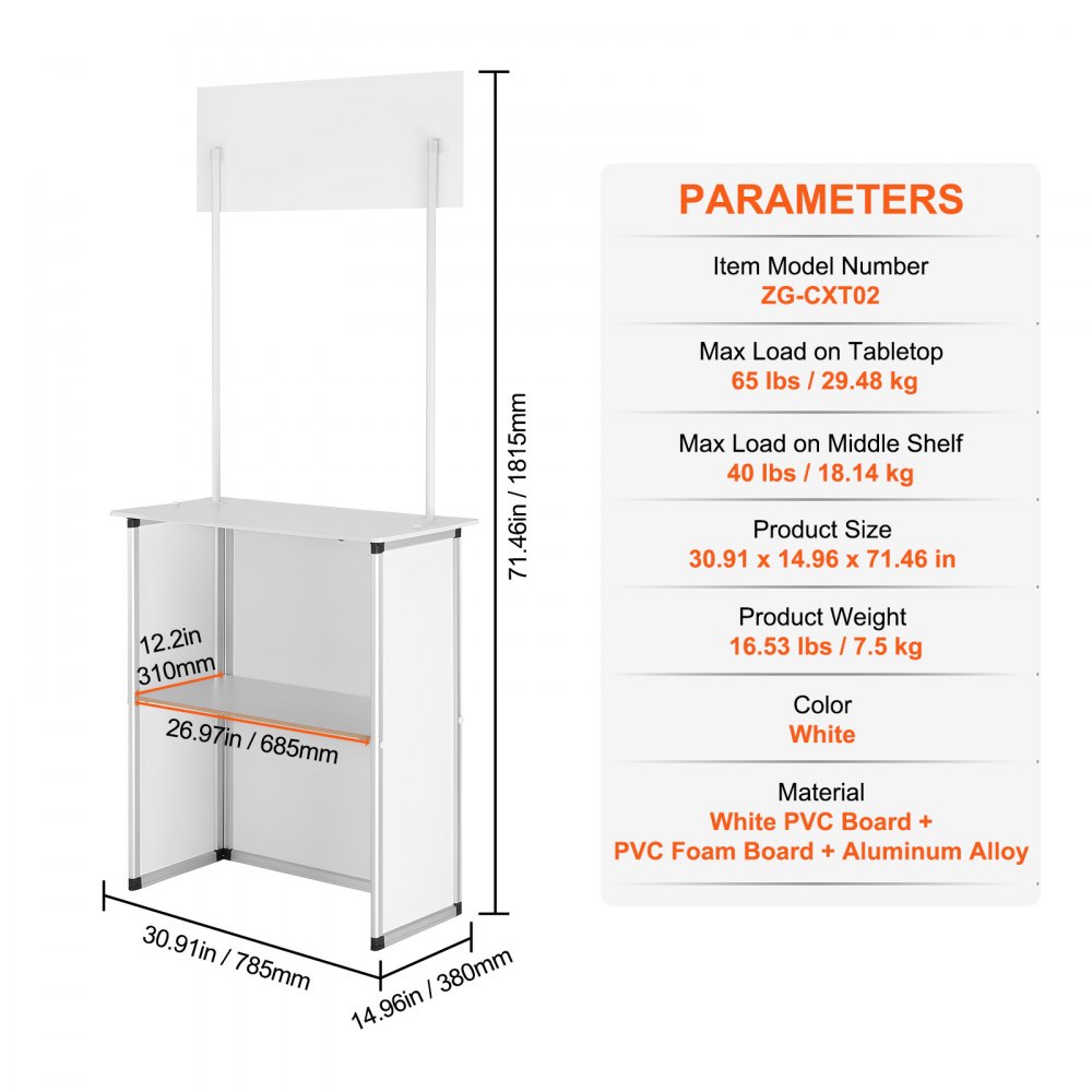 VEVOR promotion counter dimensions and specs: 30.91x14.96x71.46 in, max load 65 lbs tabletop, 40 lbs shelf.