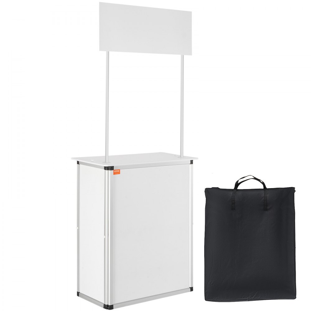 VEVOR promotion counter, white display booth with rectangular banner, includes black carrying case.