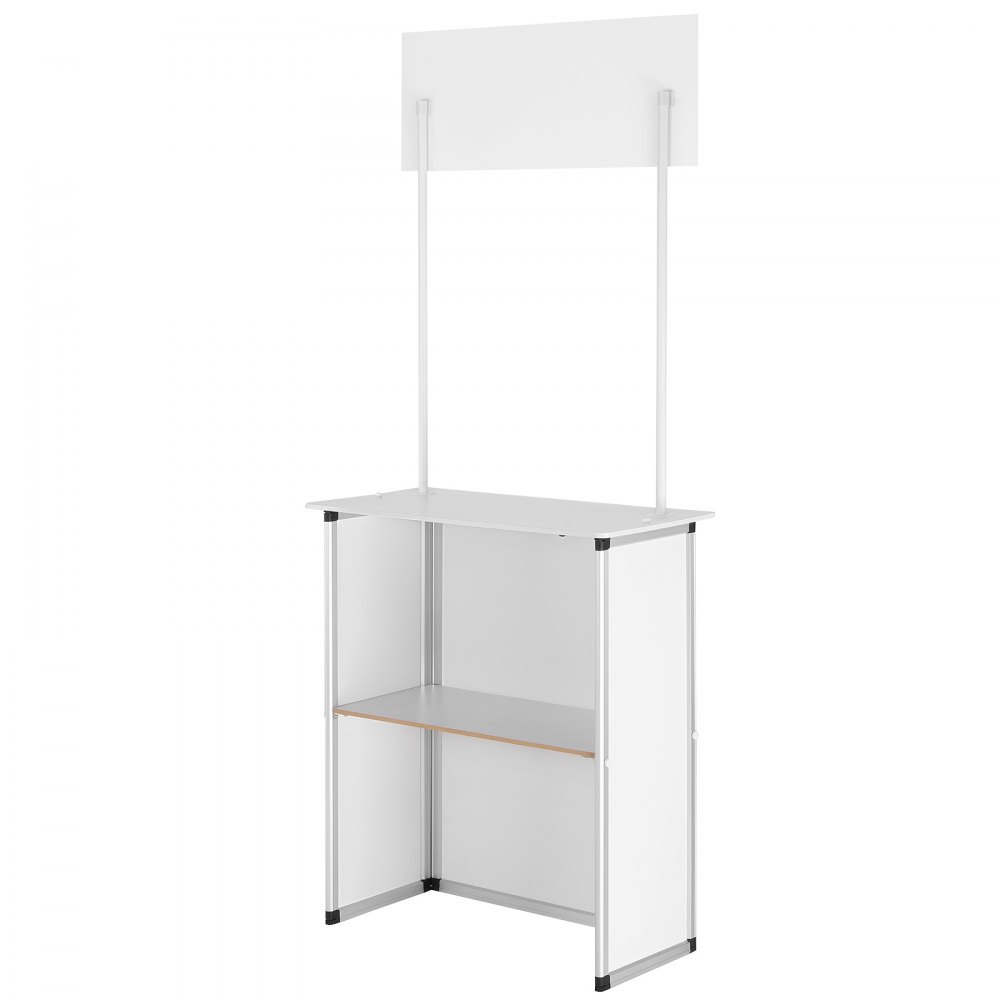 white VEVOR promotion counter with overhead sign and shelf, ideal for trade shows and marketing events.